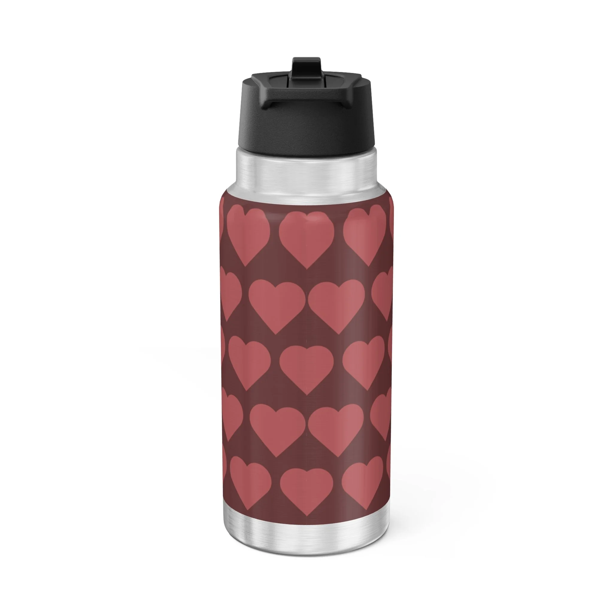 Radiant Ruby Pixie stainless steel water bottle with COCO PIXIES burgundy heart pattern, 32oz tumbler, black lid and silver trim