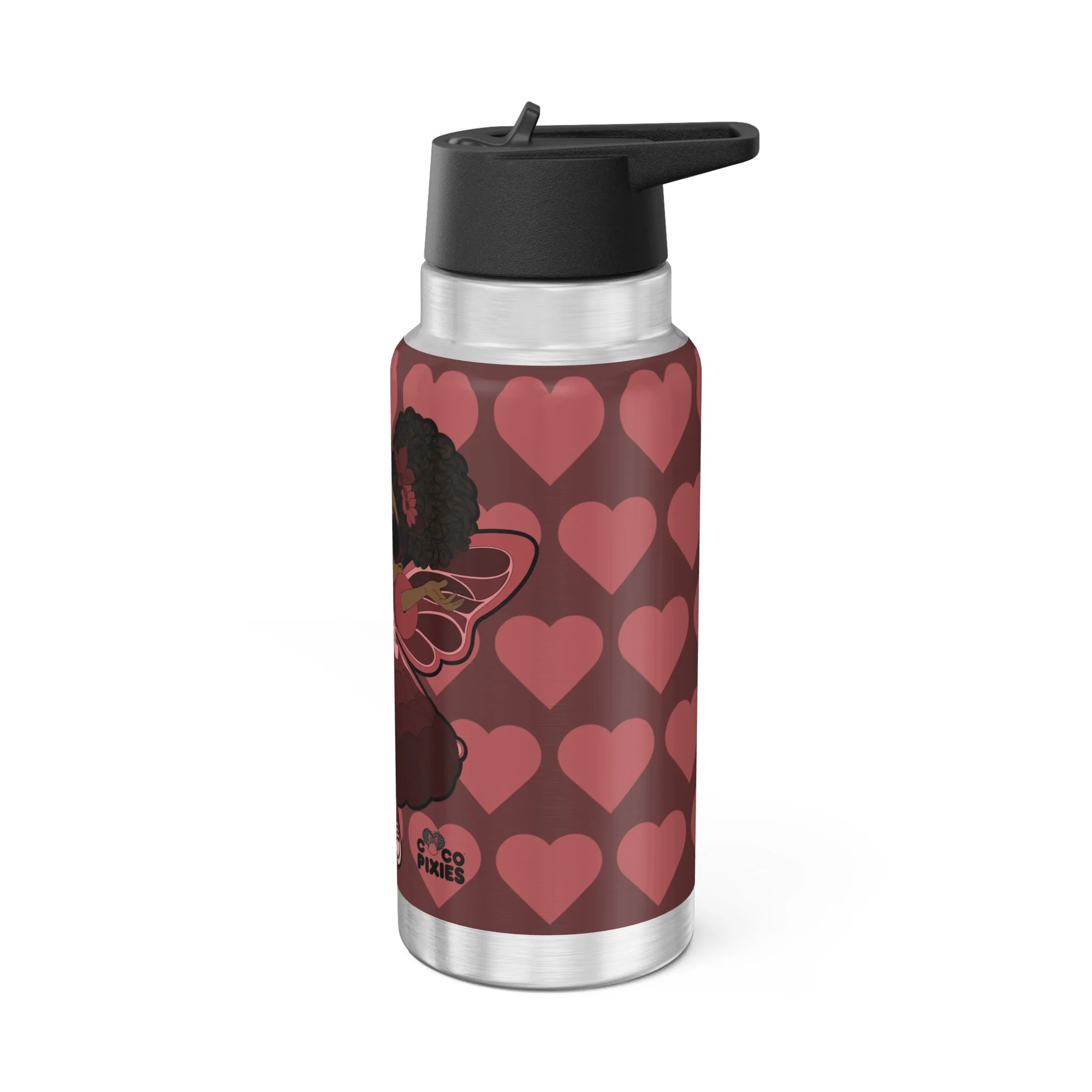 Radiant Ruby Pixie stainless steel water bottle with COCO PIXIES burgundy heart pattern, 32oz tumbler, black lid and silver trim