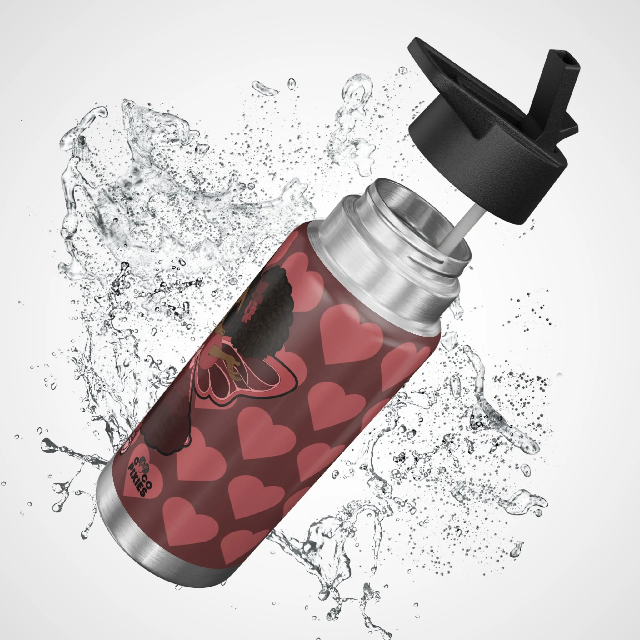 Radiant Ruby Pixie stainless steel water bottle with COCO PIXIES burgundy heart pattern, 32oz tumbler, black lid and silver trim