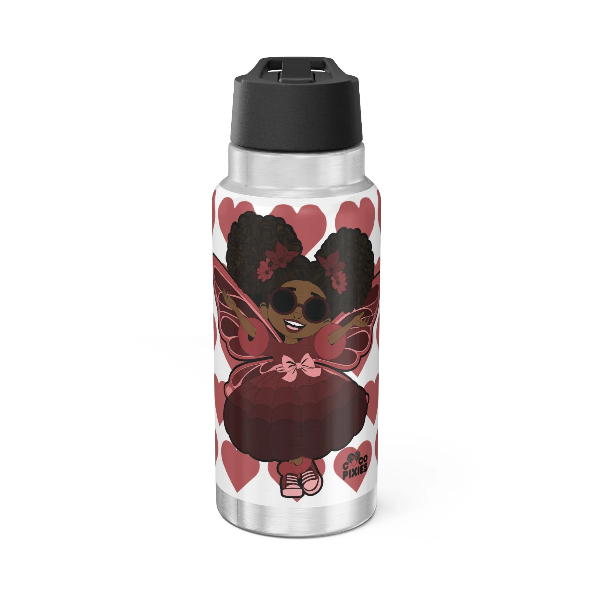 Radiant Ruby Pixie Stainless Steel Water Bottle - Coco Pixies Signature Heart Pattern 32oz Tumbler