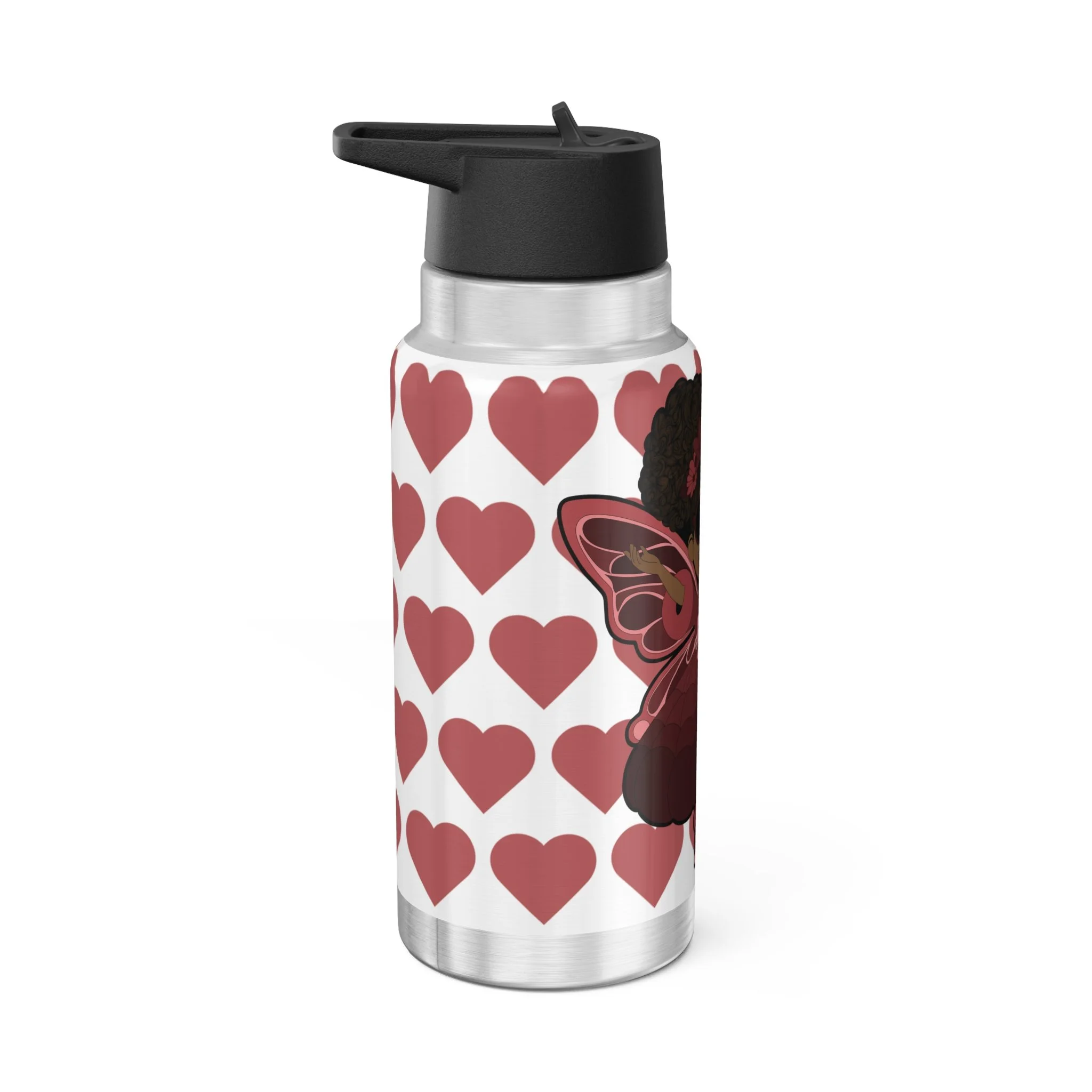 COCO PIXIES Radiant Ruby Pixie 32oz water bottle with signature heart pattern and black lid