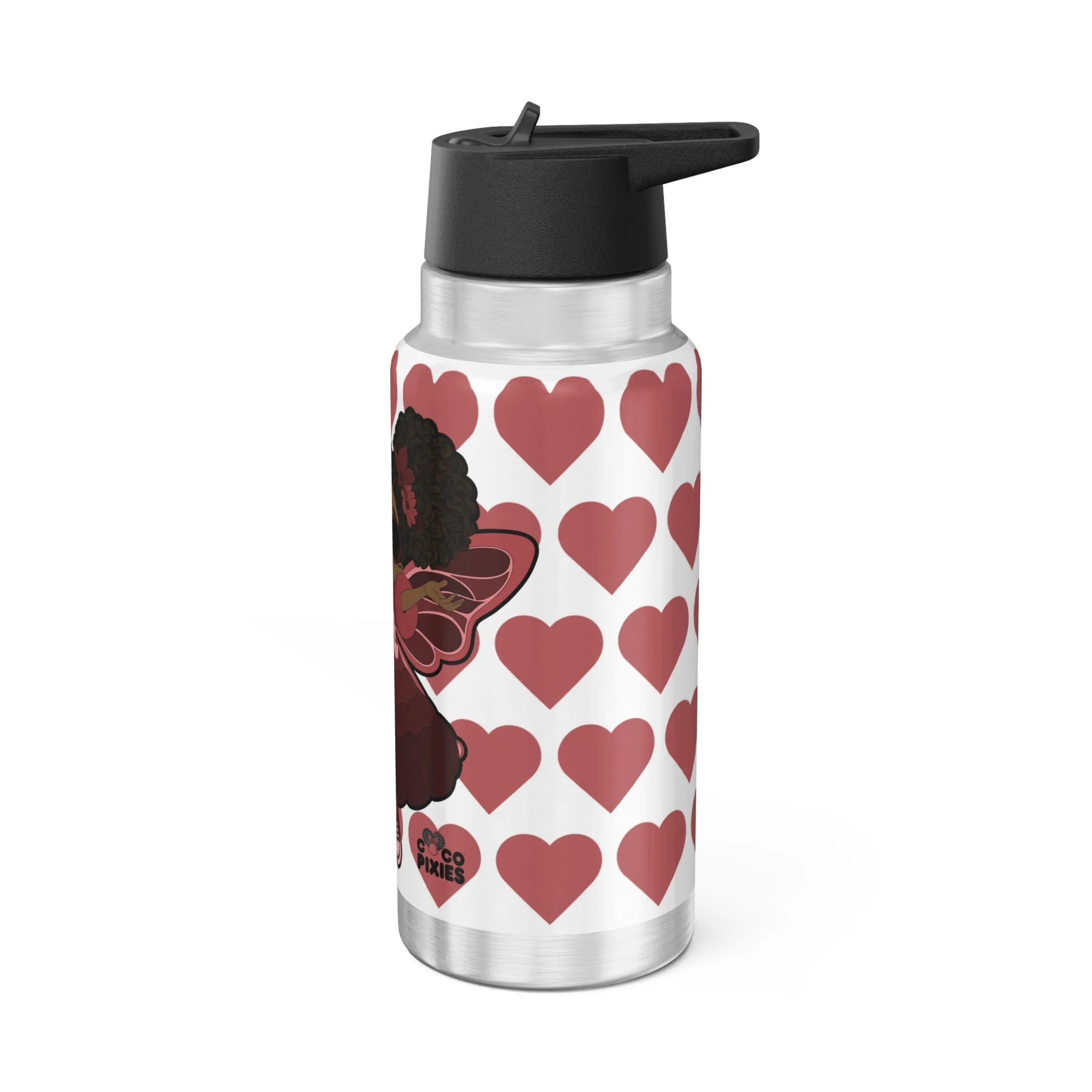 COCO PIXIES Radiant Ruby Pixie 32oz water bottle with signature heart pattern and black lid