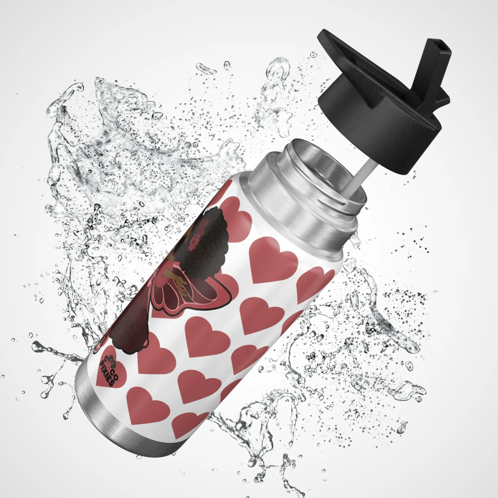 COCO PIXIES Radiant Ruby Pixie 32oz water bottle with signature heart pattern and black lid