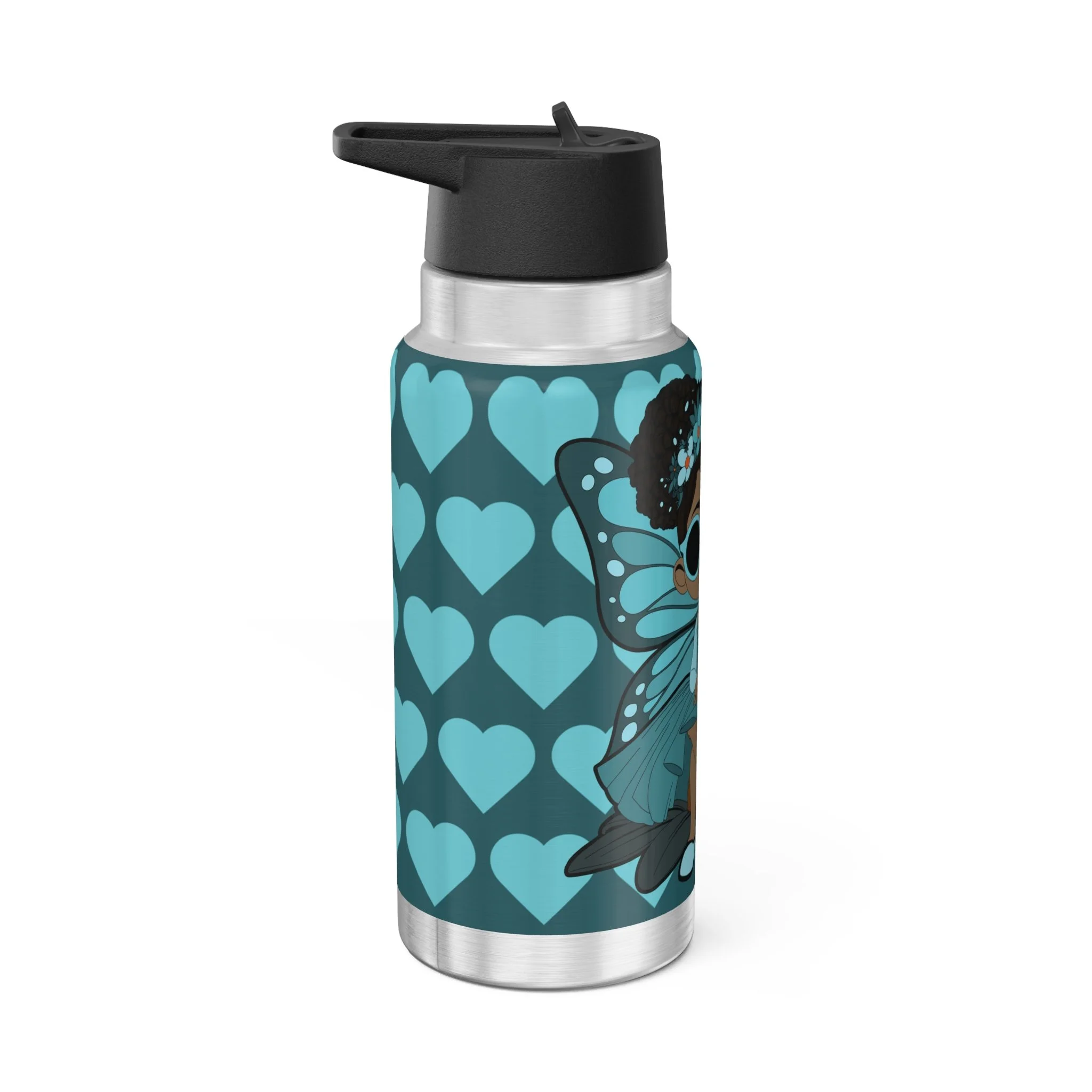 Sassy Sammy Pixie stainless steel water bottle with deep teal COCO PIXIES heart pattern, afro puffs, sunglasses and floral crown, 32oz tumbler.