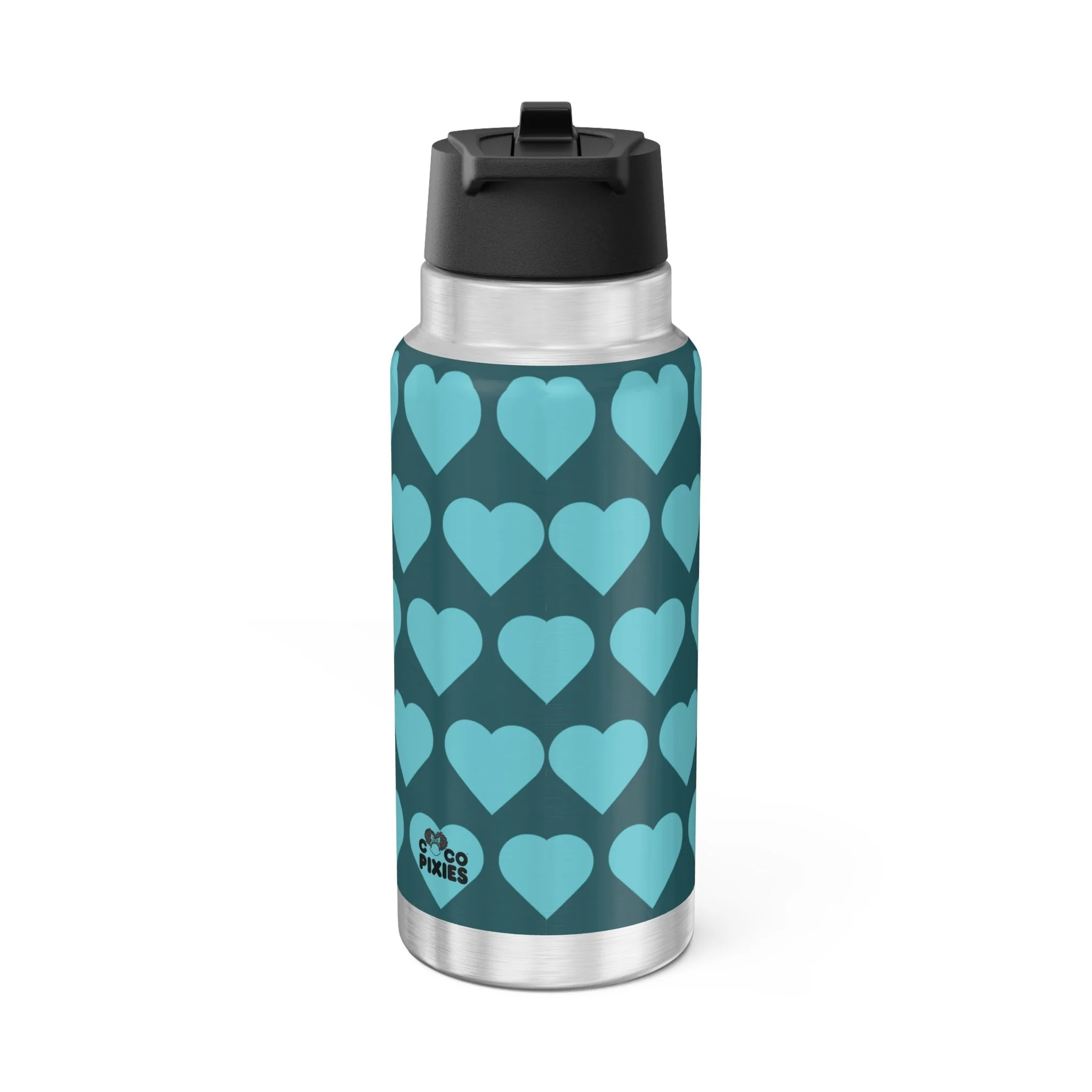 Sassy Sammy Pixie stainless steel water bottle with deep teal COCO PIXIES heart pattern, afro puffs, sunglasses and floral crown, 32oz tumbler.
