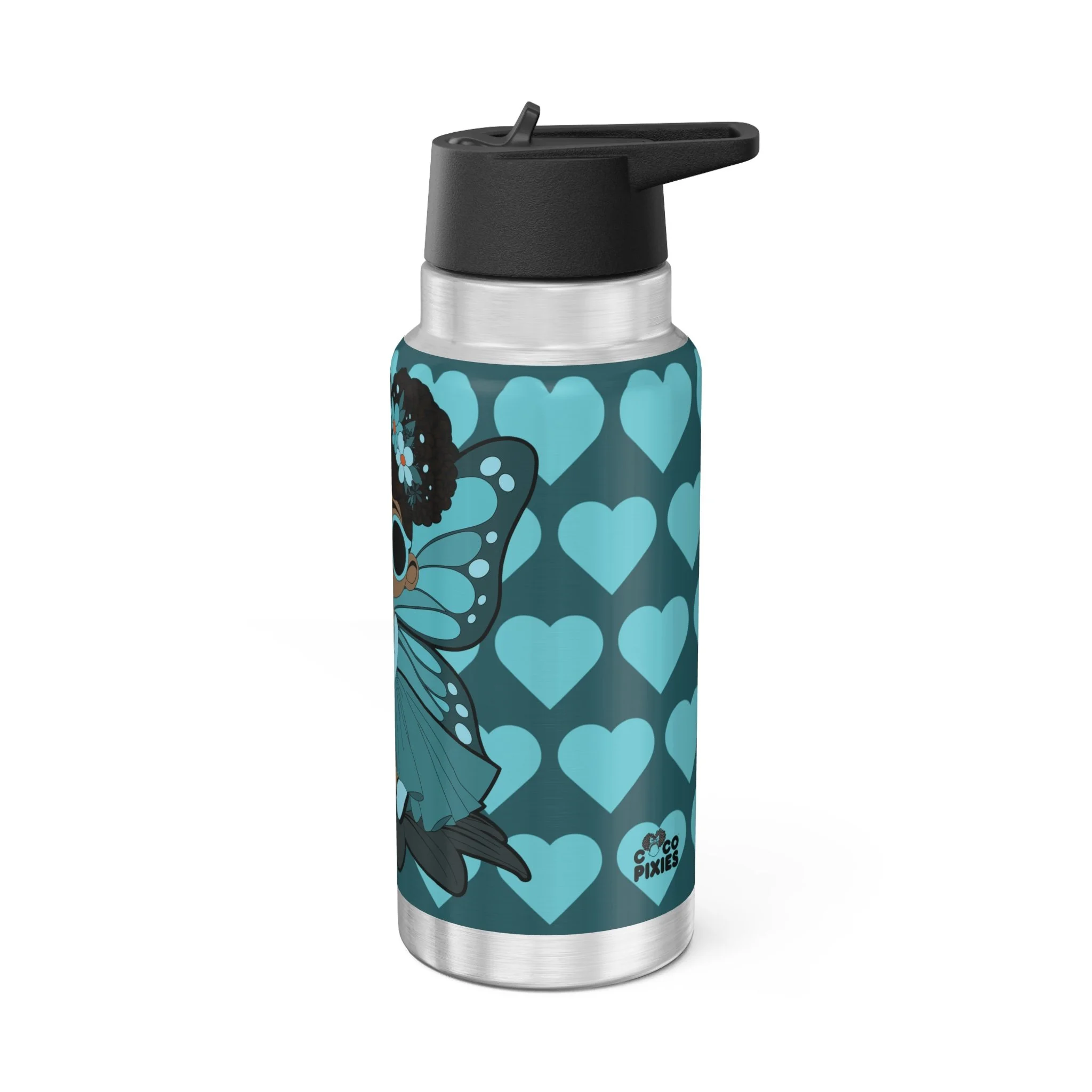 Sassy Sammy Pixie stainless steel water bottle with deep teal COCO PIXIES heart pattern, afro puffs, sunglasses and floral crown, 32oz tumbler.