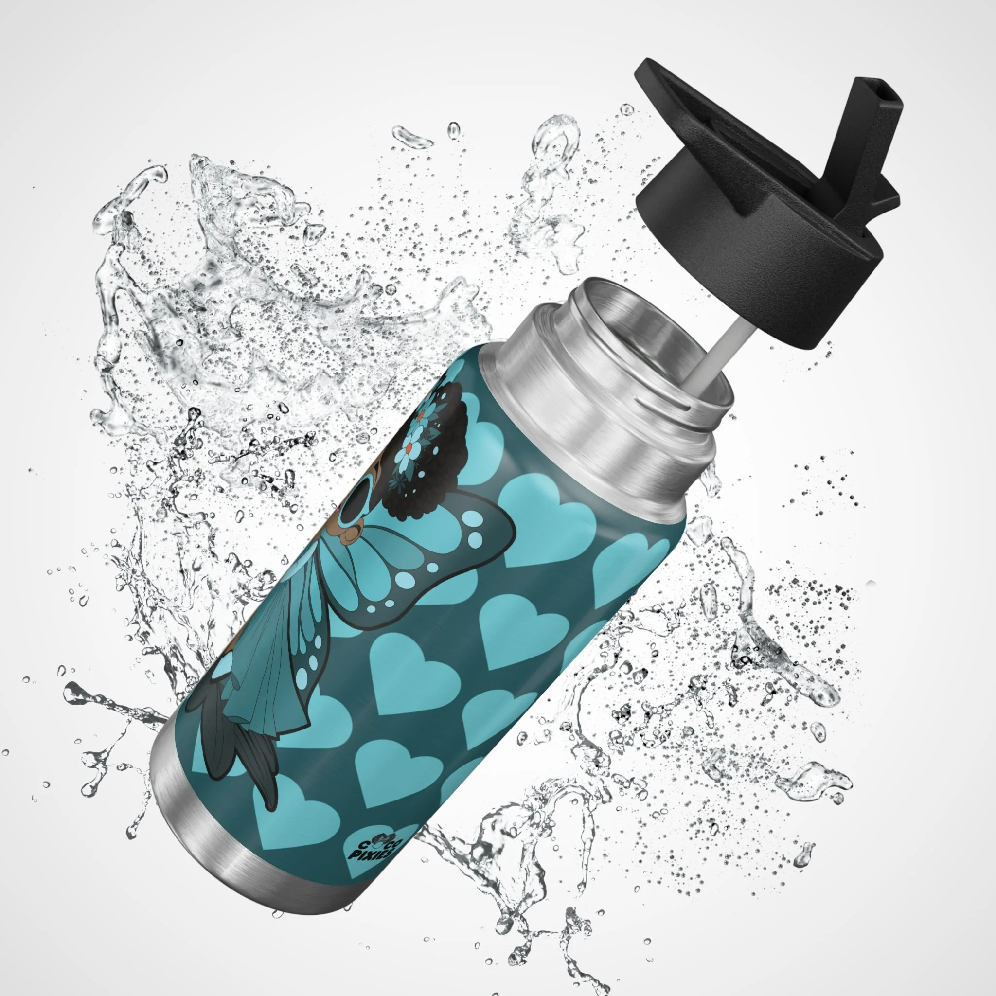 Sassy Sammy Pixie stainless steel water bottle with deep teal COCO PIXIES heart pattern, afro puffs, sunglasses and floral crown, 32oz tumbler.