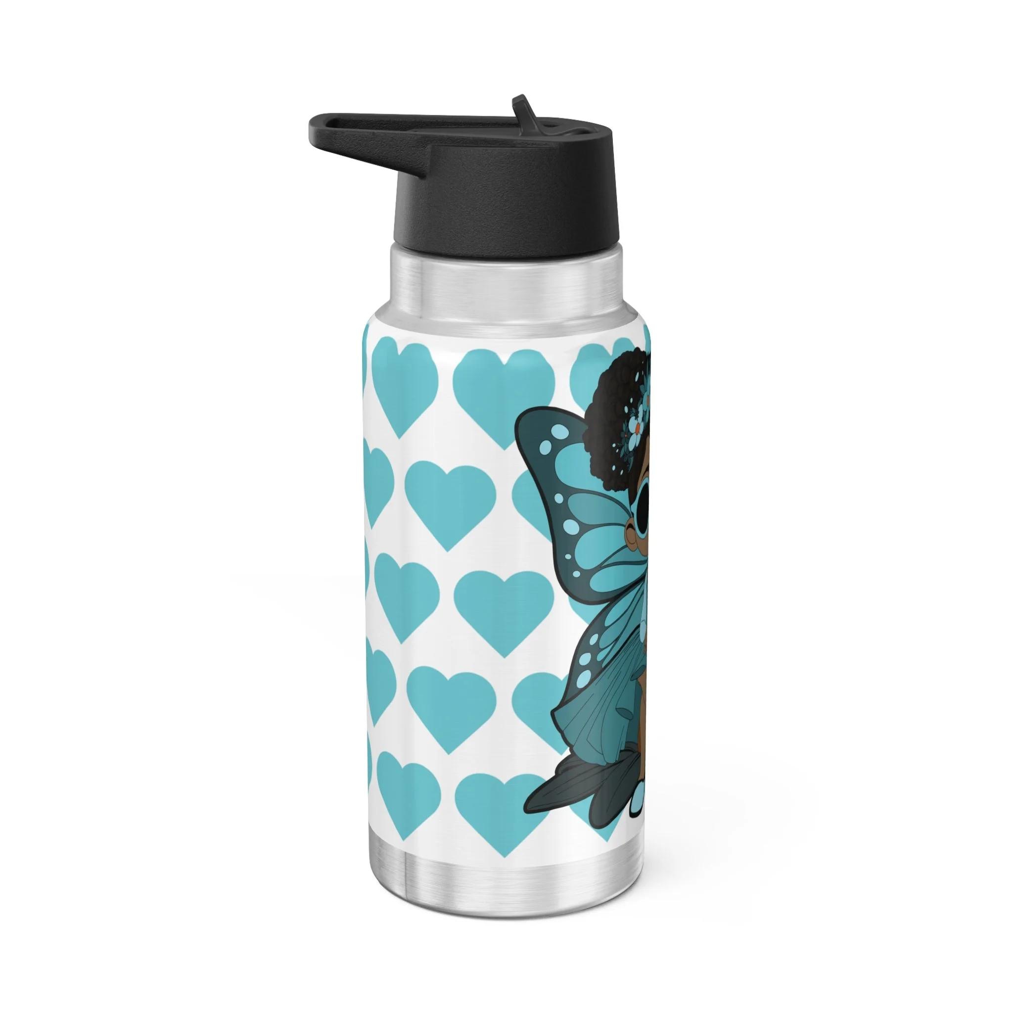 Sassy Sammy Pixie 32oz stainless steel water bottle featuring COCO PIXIES teal heart pattern, afro puffs, sunglasses, floral crown and wings.