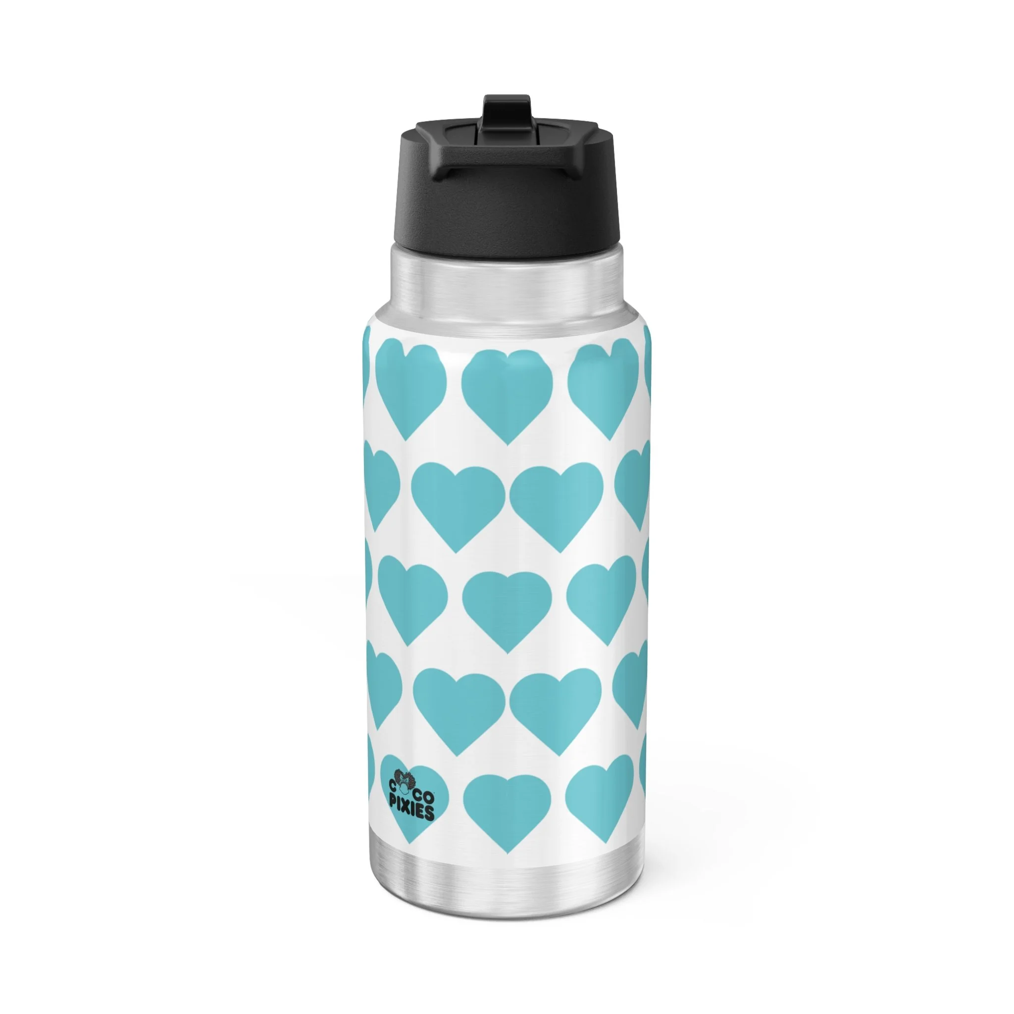 Sassy Sammy Pixie 32oz stainless steel water bottle featuring COCO PIXIES teal heart pattern, afro puffs, sunglasses, floral crown and wings.