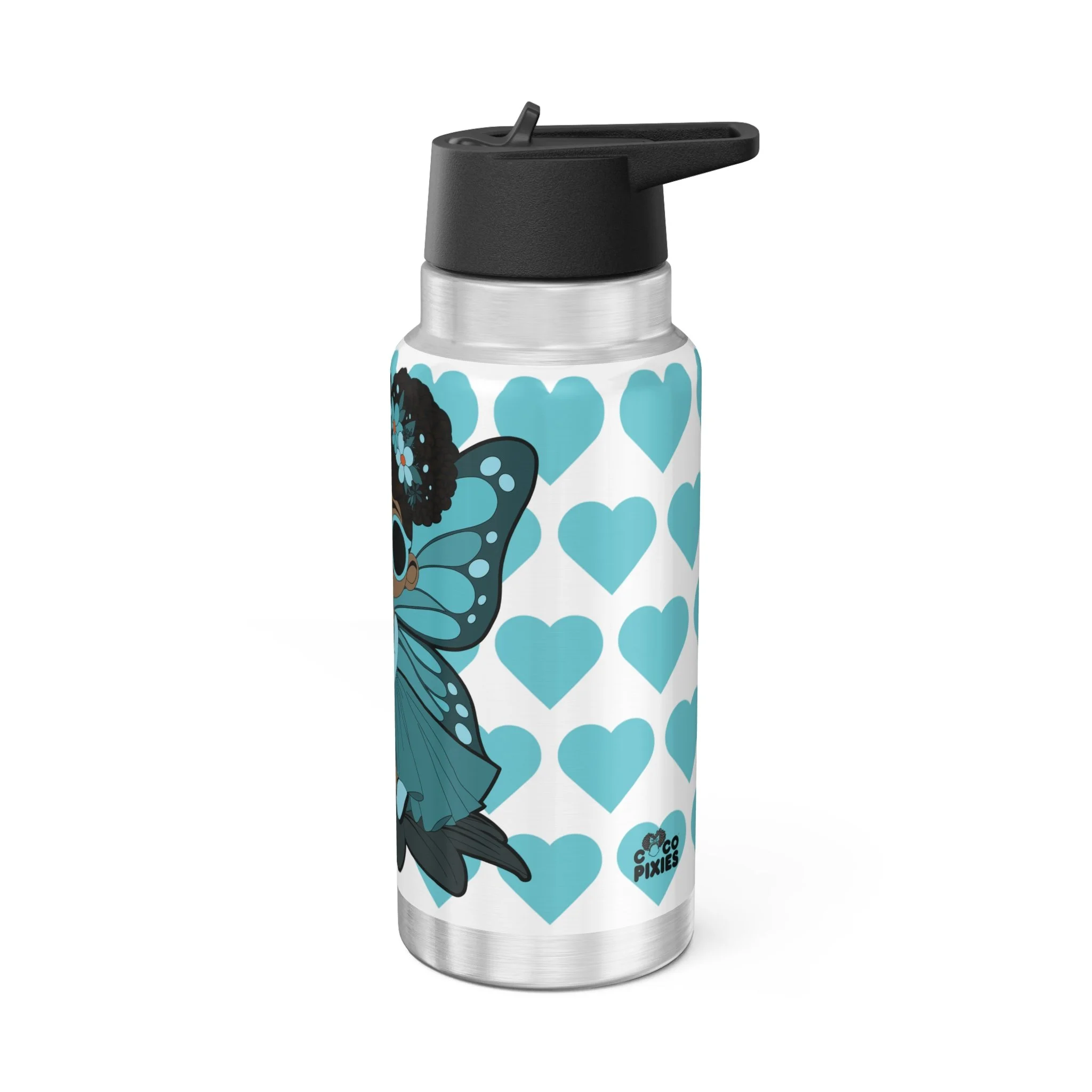 Sassy Sammy Pixie 32oz stainless steel water bottle featuring COCO PIXIES teal heart pattern, afro puffs, sunglasses, floral crown and wings.