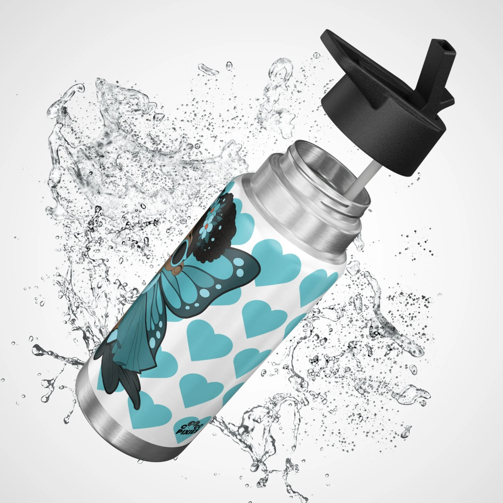 Sassy Sammy Pixie 32oz stainless steel water bottle featuring COCO PIXIES teal heart pattern, afro puffs, sunglasses, floral crown and wings.