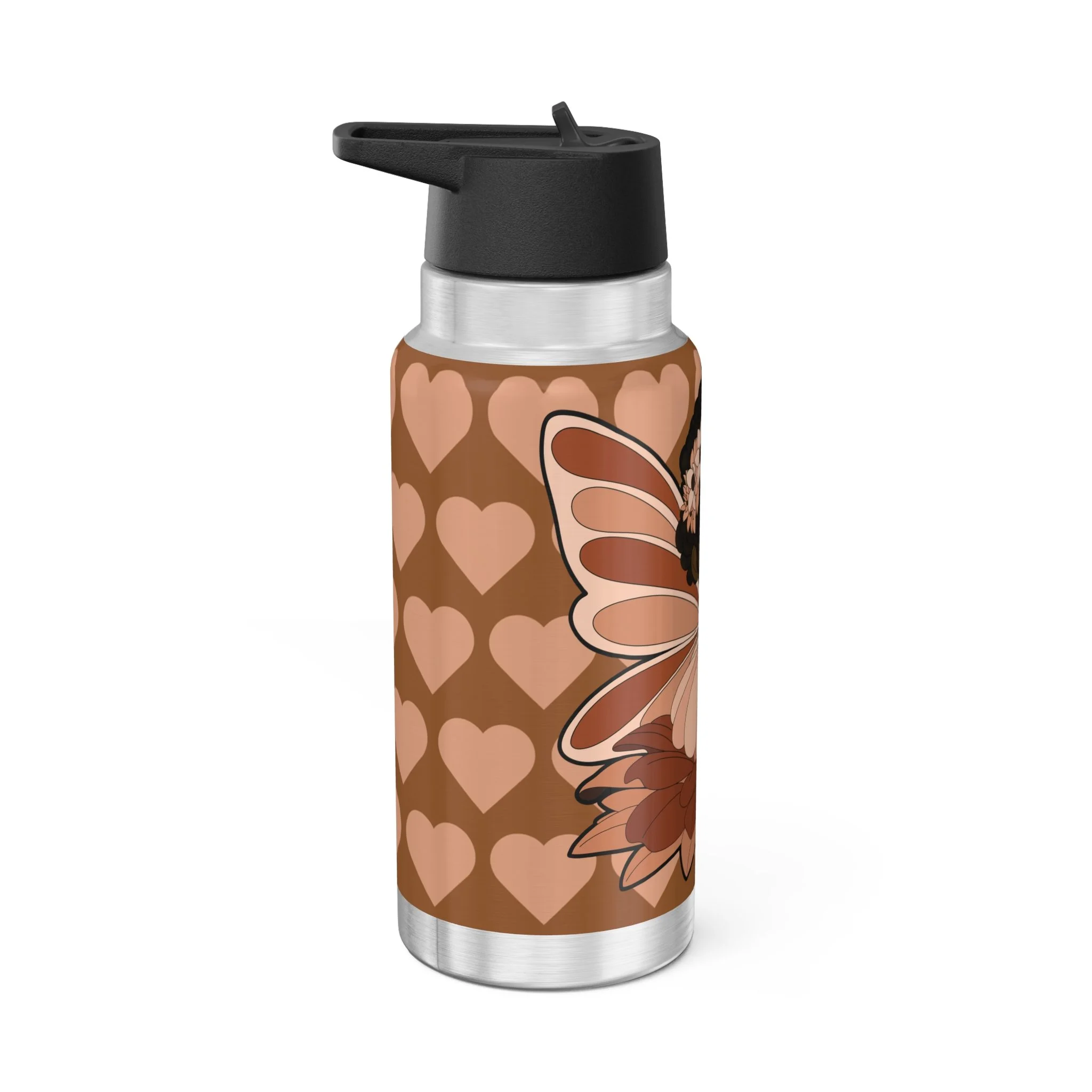 Sweet Sienna Pixie stainless steel water bottle with COCO PIXIES mocha heart pattern, floral crown and 32oz tumbler design