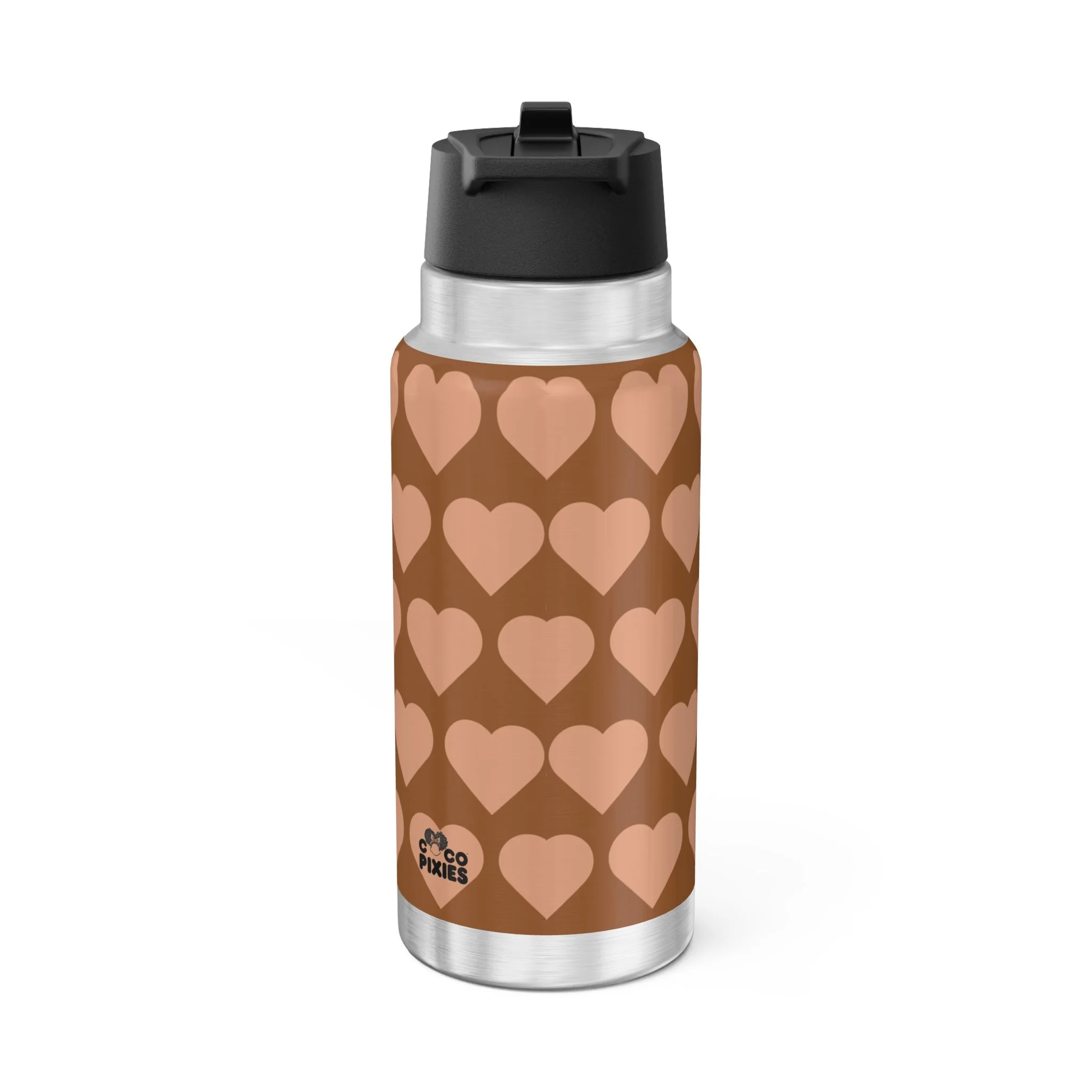 Sweet Sienna Pixie stainless steel water bottle with COCO PIXIES mocha heart pattern, floral crown and 32oz tumbler design