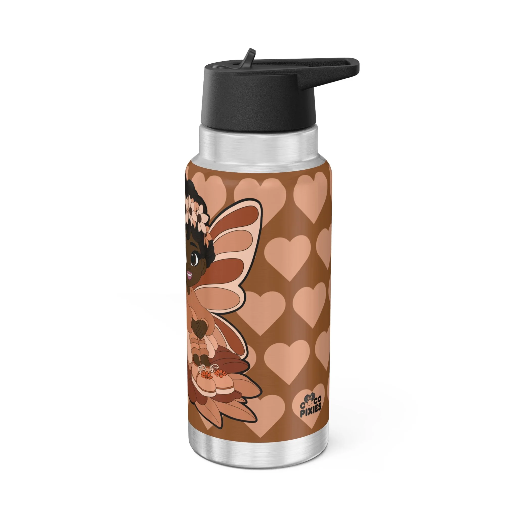 Sweet Sienna Pixie stainless steel water bottle with COCO PIXIES mocha heart pattern, floral crown and 32oz tumbler design