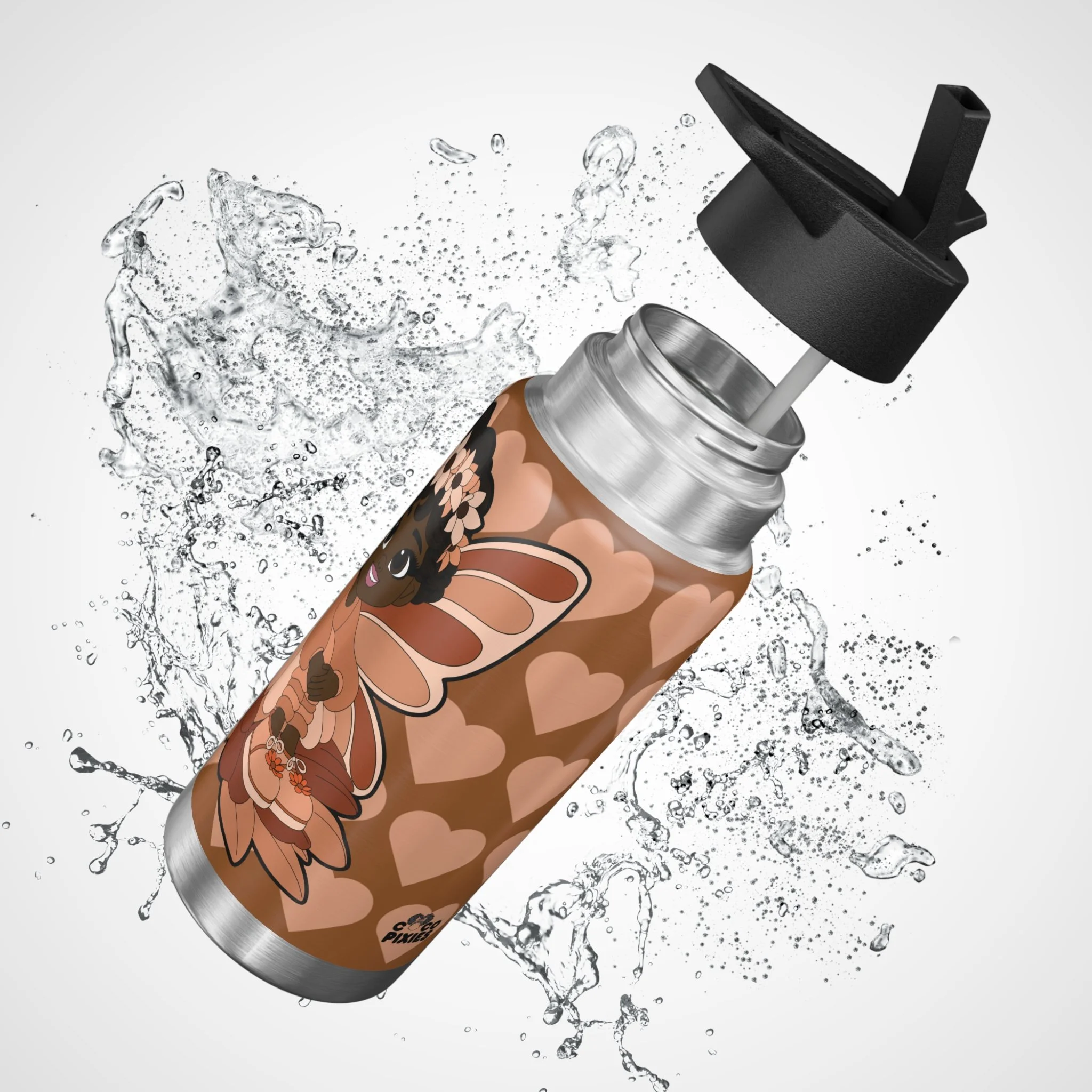 Sweet Sienna Pixie stainless steel water bottle with COCO PIXIES mocha heart pattern, floral crown and 32oz tumbler design
