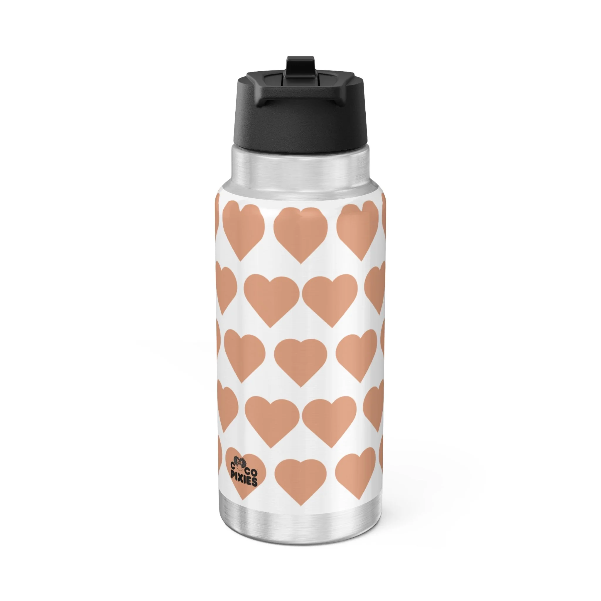 Sweet Sienna Pixie 32oz stainless steel water bottle with COCO PIXIES signature heart pattern