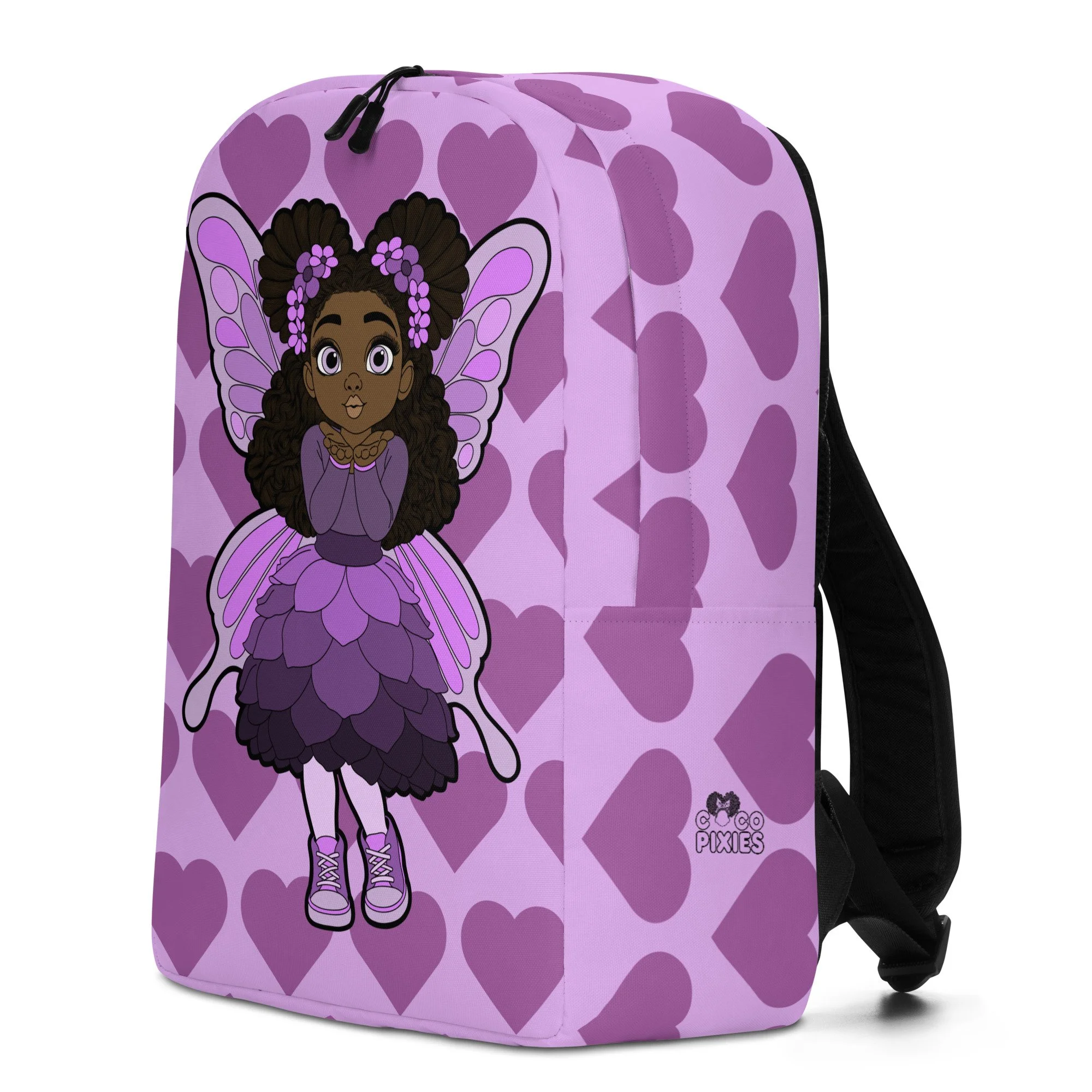 Amber Amazingpuff Pixie Backpack by Coco Pixies with Black girl pixie character and lavender Signature Heart Pattern