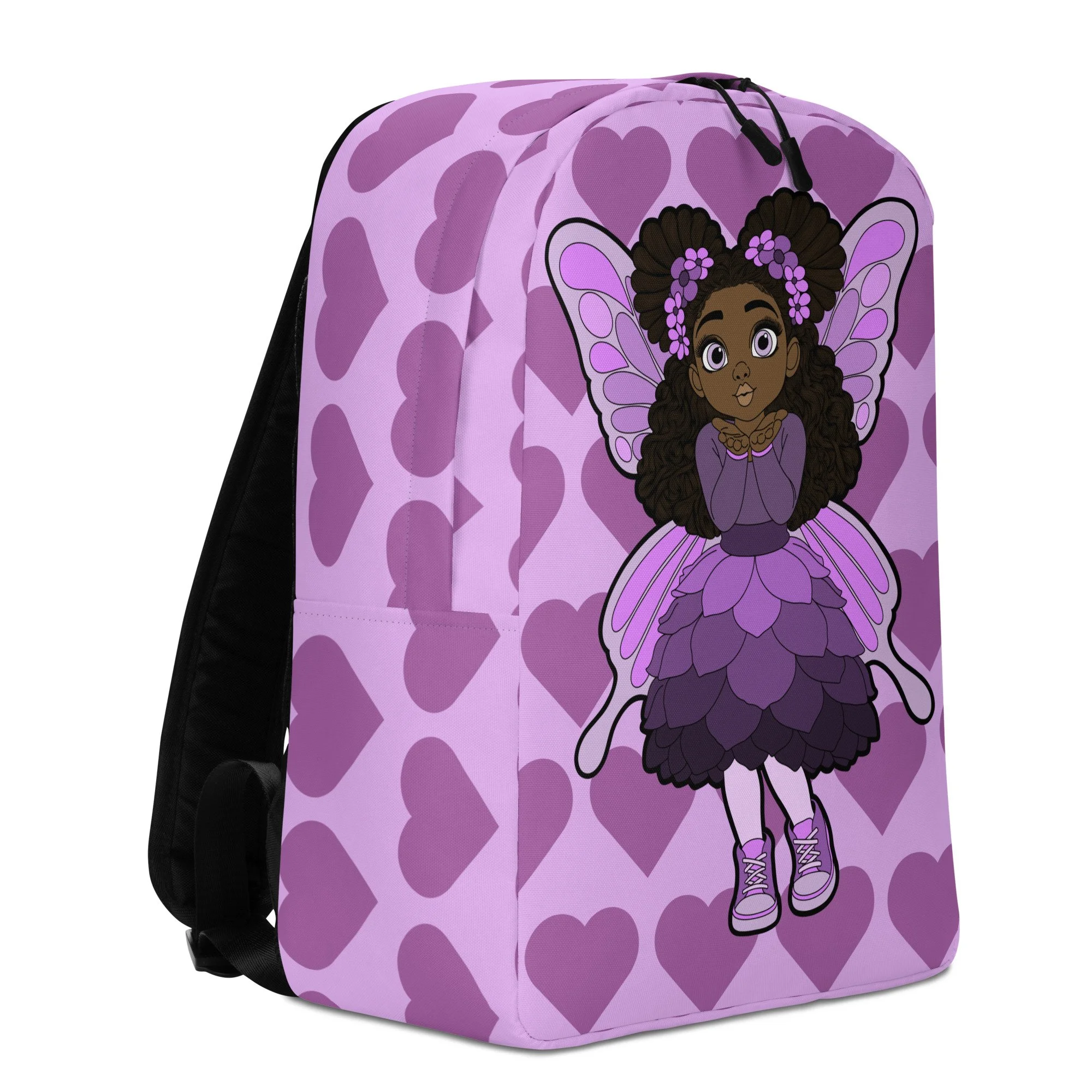 Amber Amazingpuff Pixie Backpack by Coco Pixies with Black girl pixie character and lavender Signature Heart Pattern