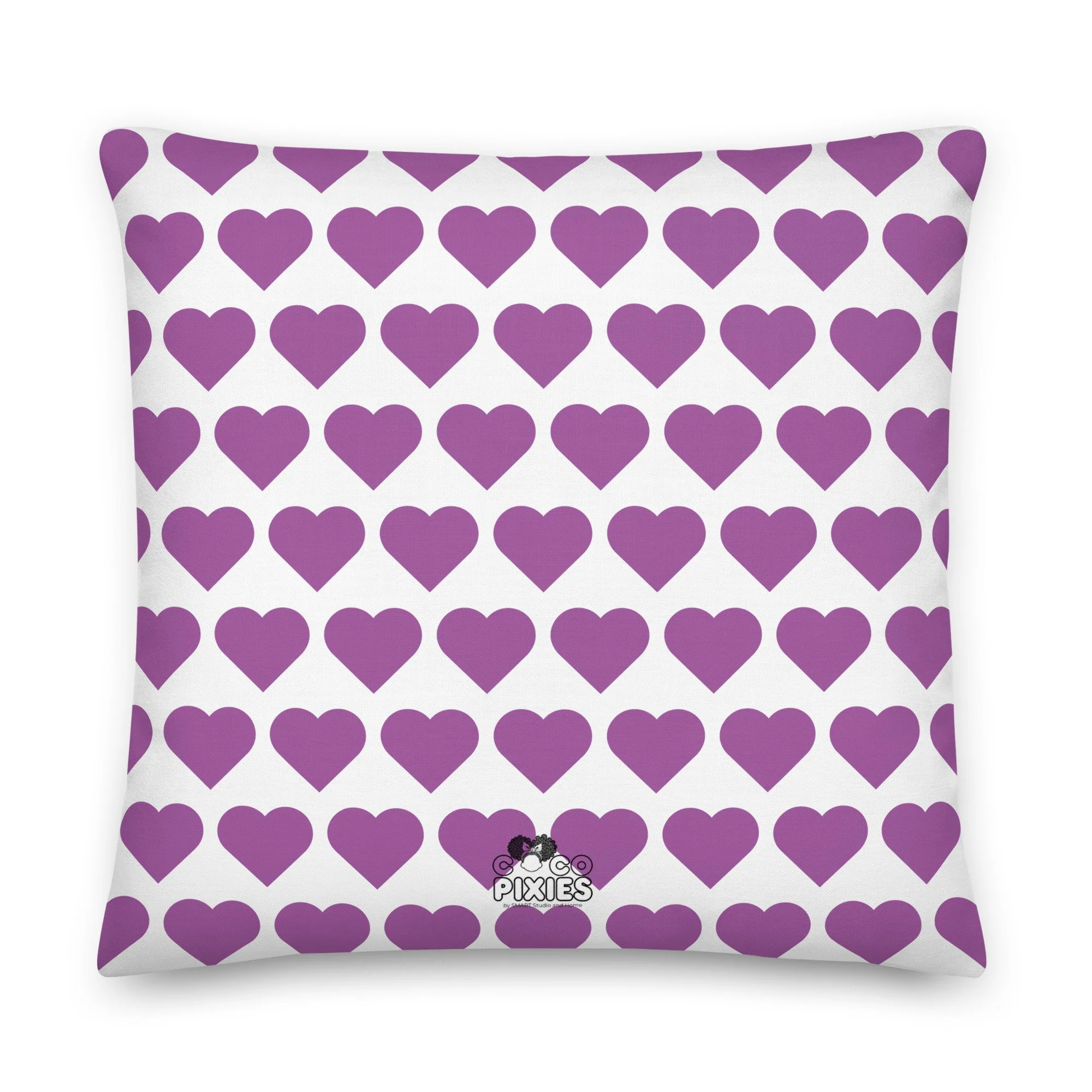 Amber Amazingpuff Coco Pixies 22 x 22 decorative throw pillow with Black girl pixie and lavender Signature Heart Pattern