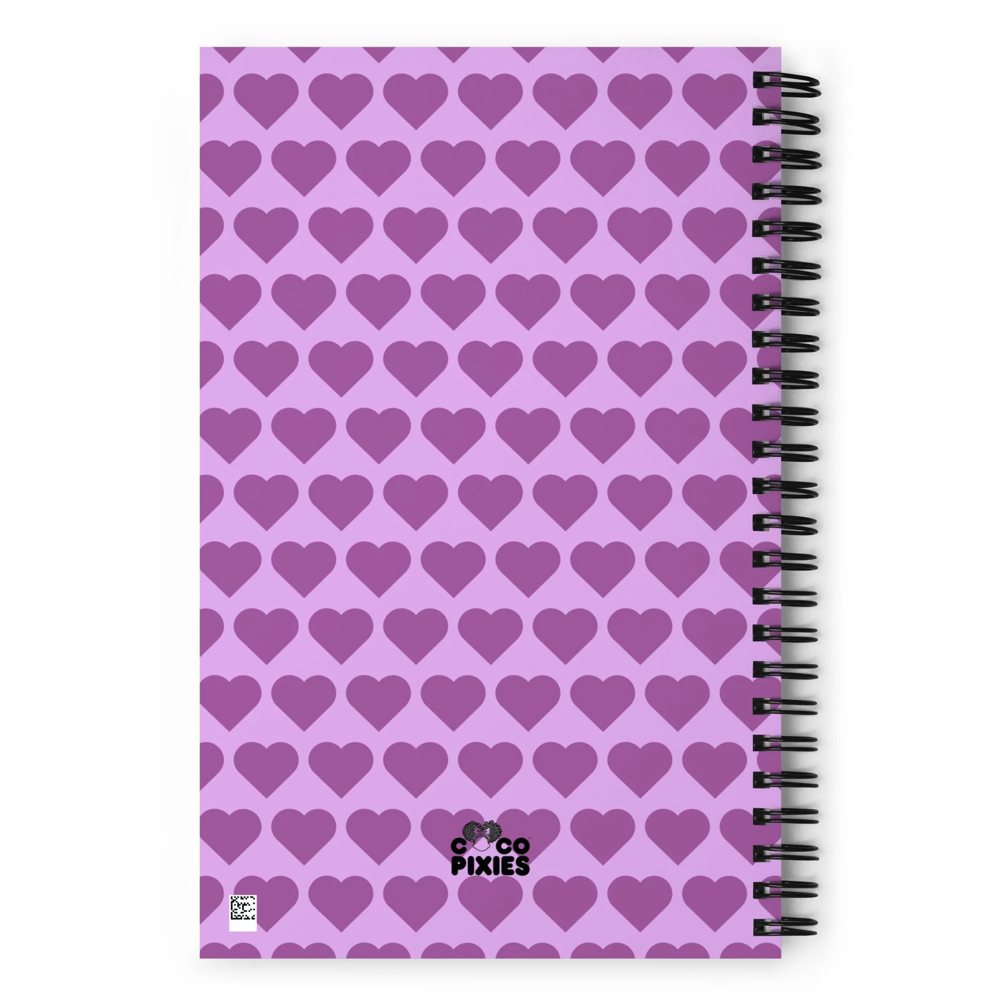 1. Amber Amazingpuff Pixie Spiral Notebook by Coco Pixies with a lavender Signature Heart Pattern soft-touch cover