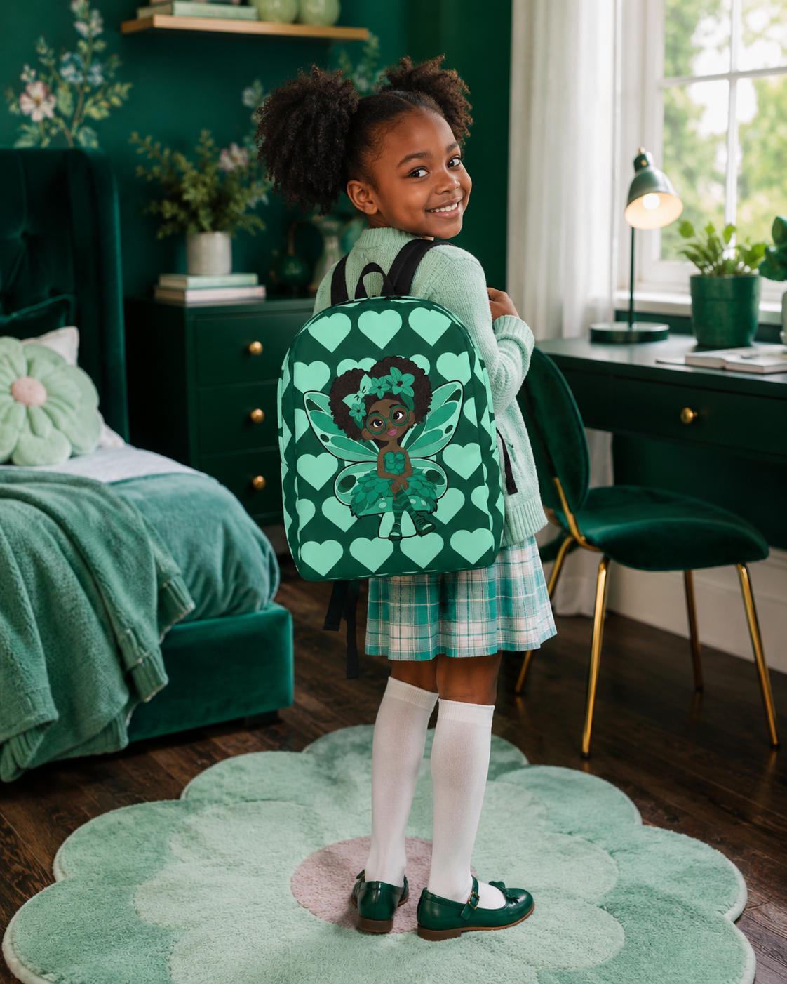 Brilliant Bailey Pixie Backpack by Coco Pixies featuring a Black girl pixie with a curly afro, green wings and mint hearts on emerald green.