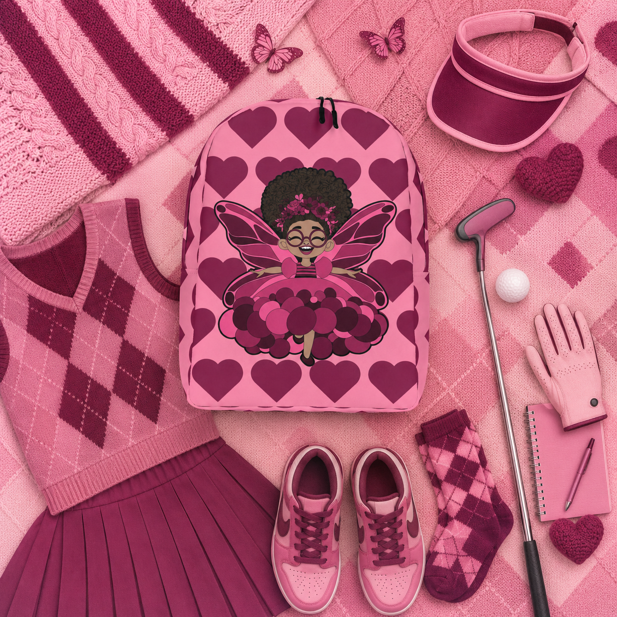 Coco Pixies Delightful Daisy backpack featuring a Black girl pixie and Berry Pink Signature Heart Pattern