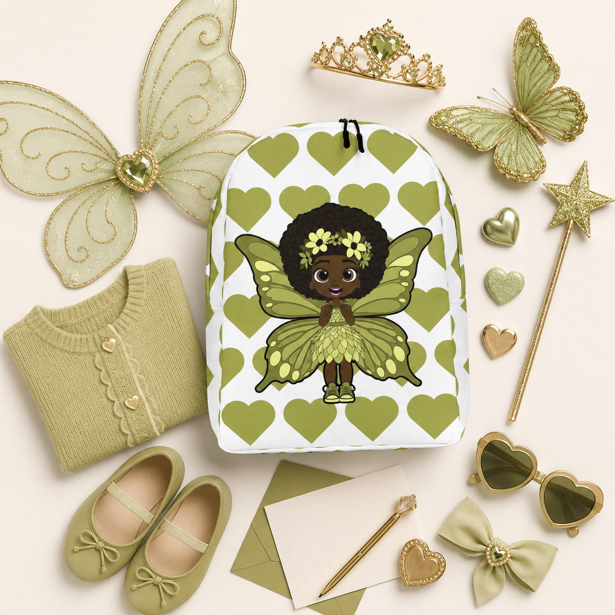 Cheerful Charlotte Pixie backpack featuring a Black girl pixie with green wings on the Coco Pixies signature heart pattern.