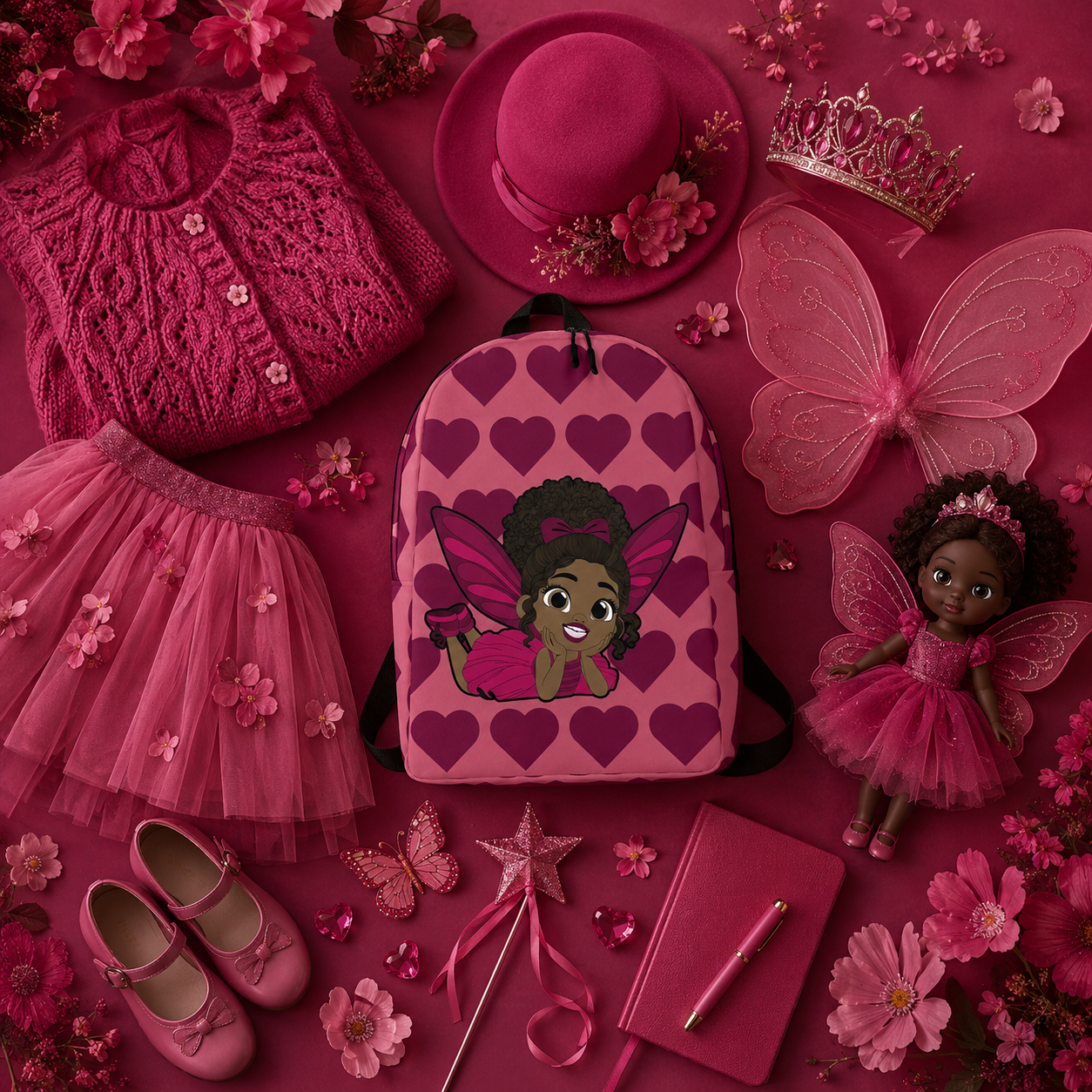 Coco Pixies Happy Harper backpack featuring a Black girl pixie with curly hair and deep rose hearts