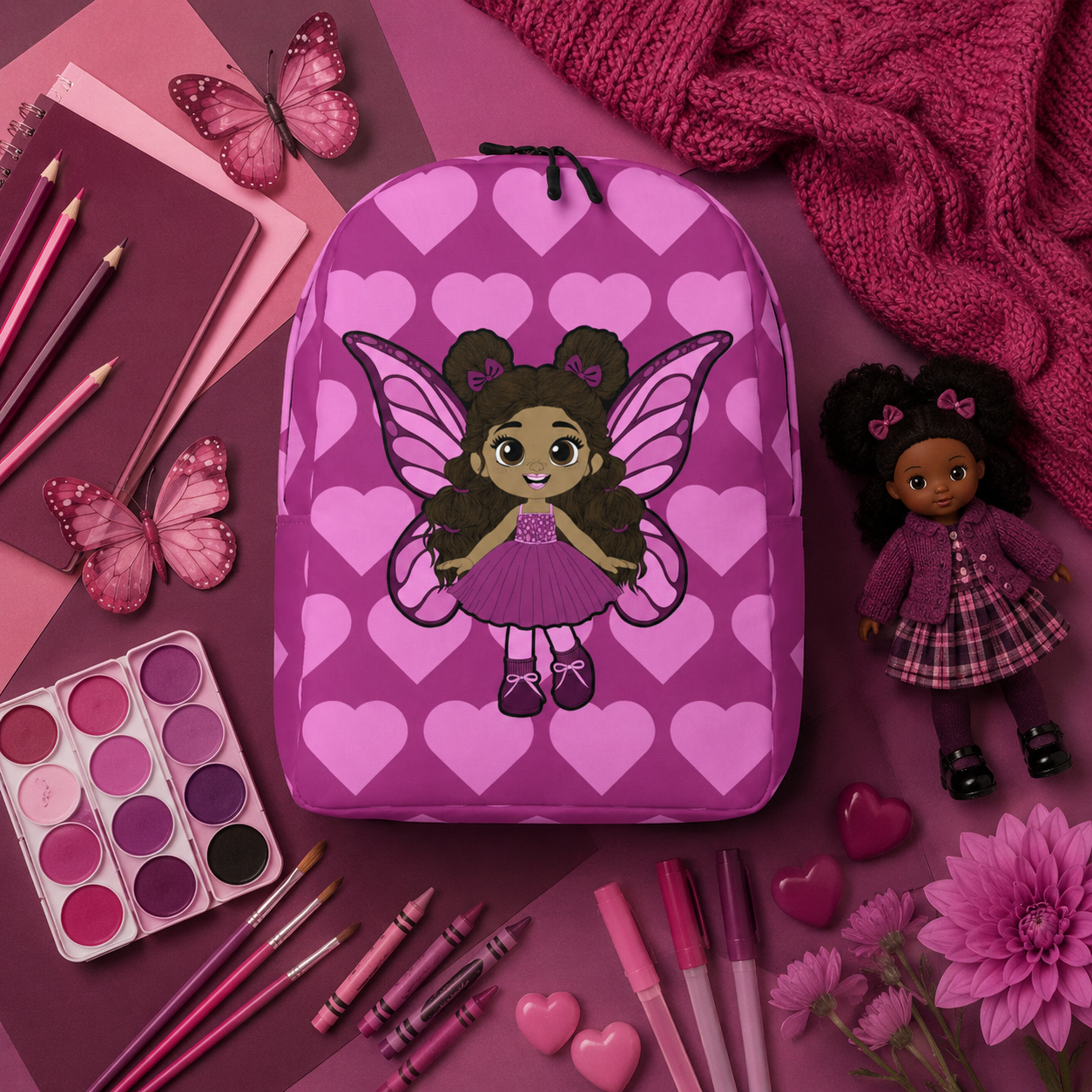 Coco Pixies Fiona Flutter magenta backpack featuring a Black girl pixie with curly hair and pink wings