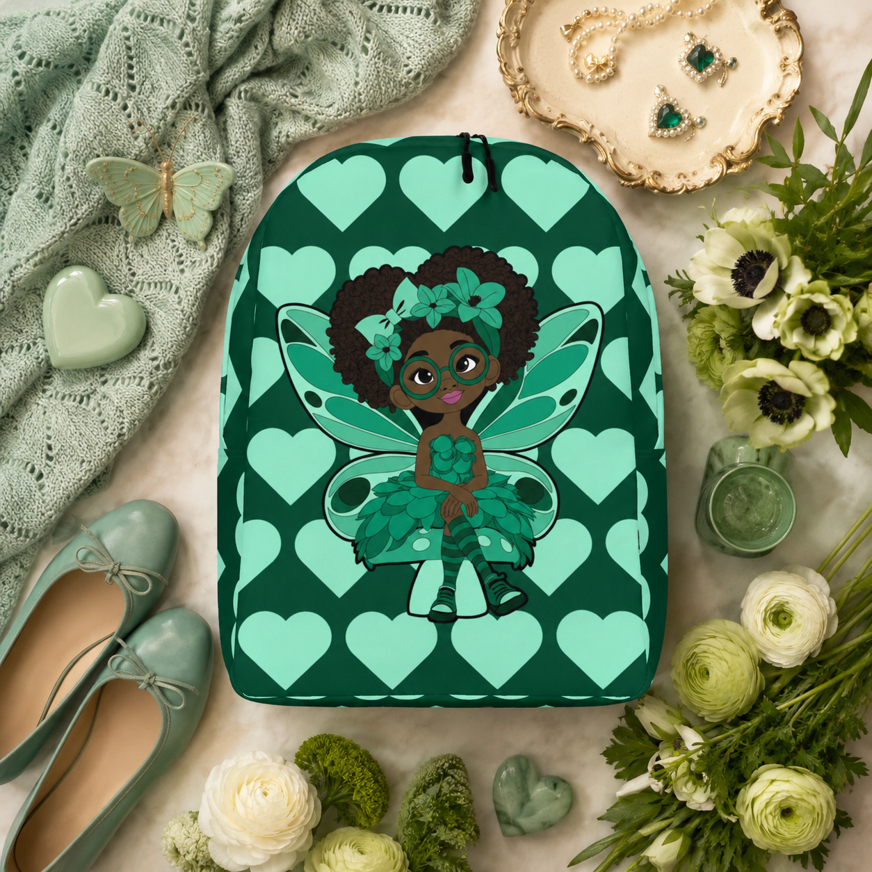 Brilliant Bailey Pixie Backpack by Coco Pixies featuring a Black girl pixie with a curly afro, green wings and mint hearts on emerald green.
