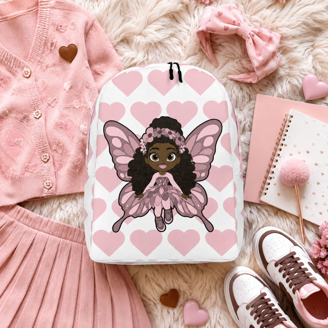 Coco Pixies Penelope Pixie Backpack featuring a Black girl character and blush pink hearts on a white background