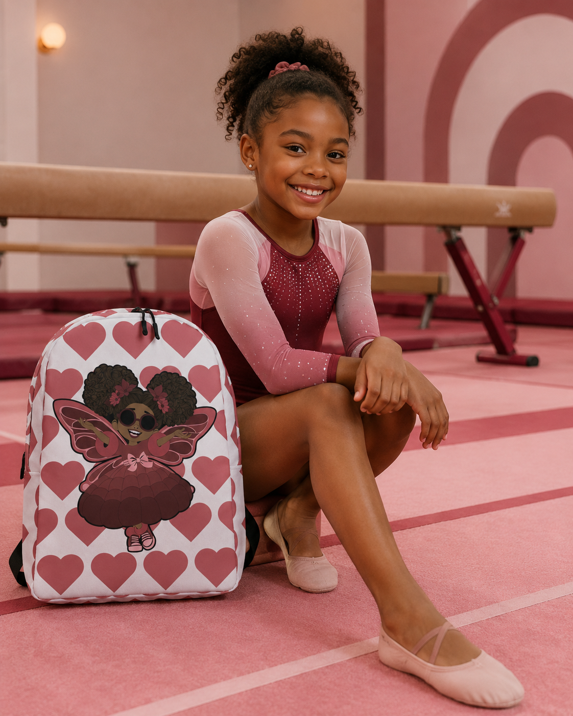 Coco Pixies Radiant Ruby character backpack featuring afro puffs, sunglasses and signature heart print