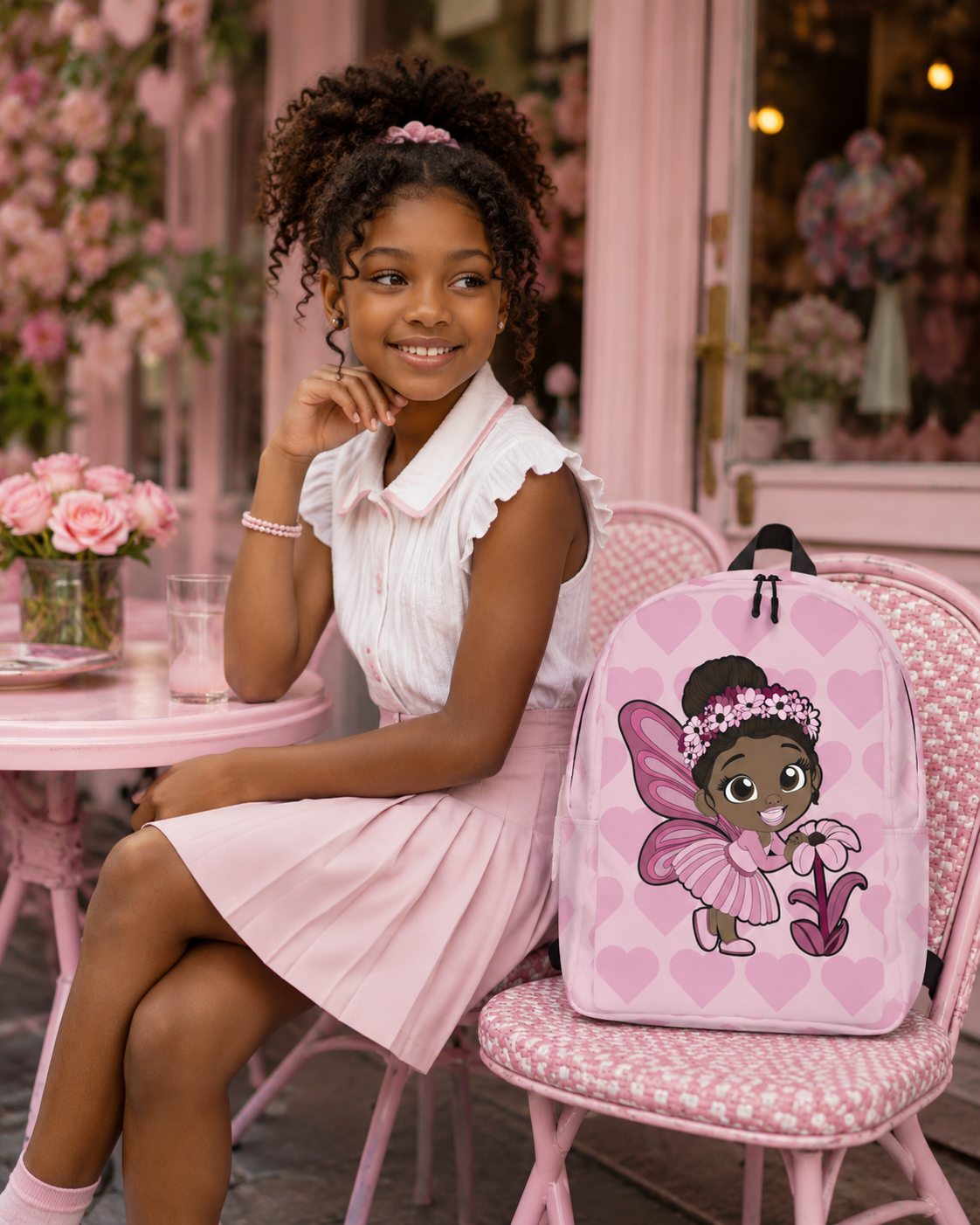 Coco Pixies Tara Twinkle girls backpack featuring a Black pixie, pink wings and blush heart pattern