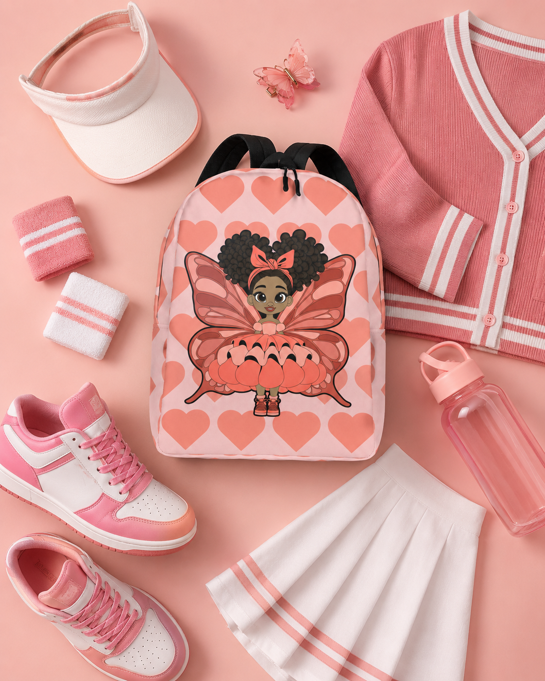 Coco Pixies Lovely Layla children’s backpack featuring a Black girl pixie and Coral Signature Heart Pattern