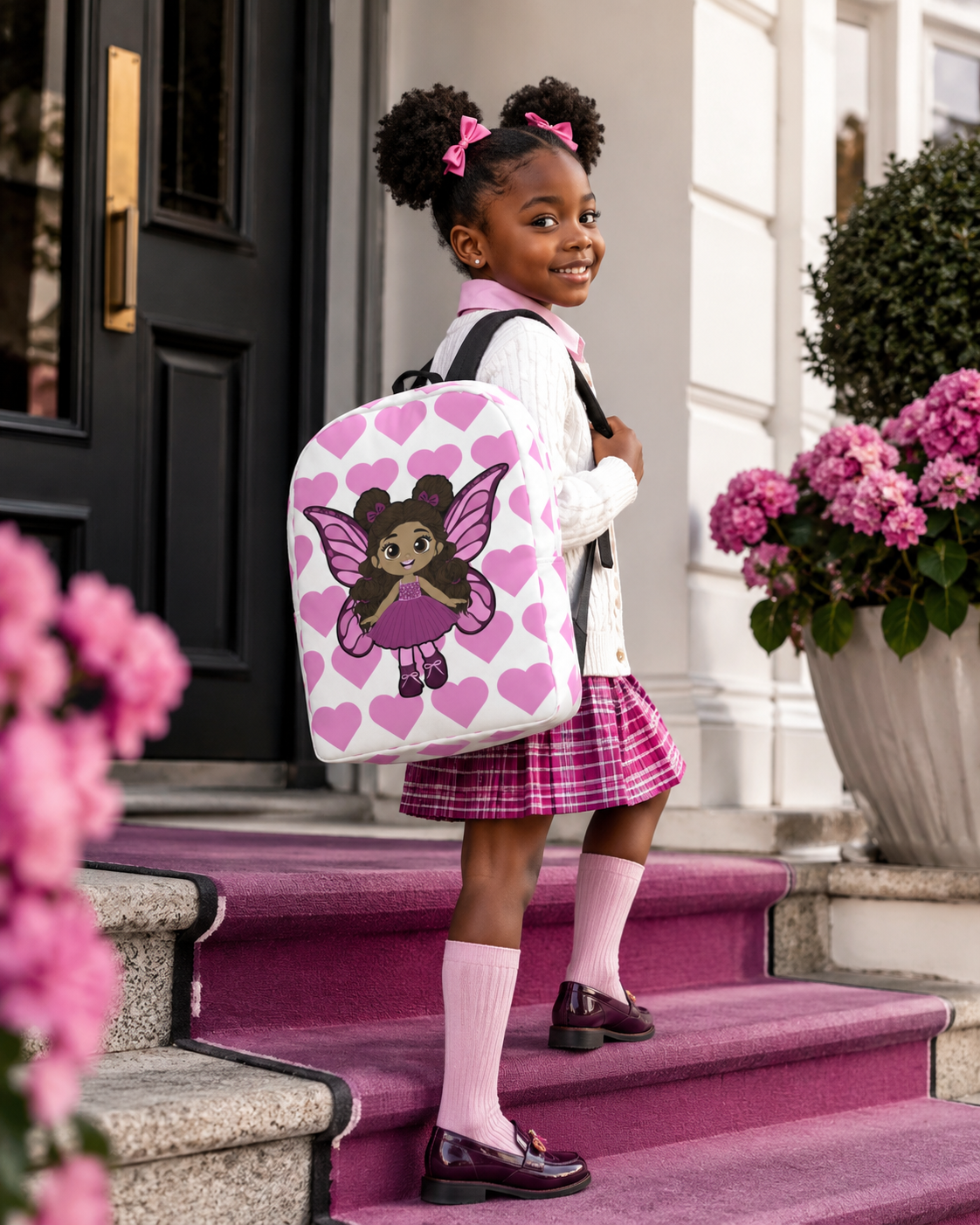 Coco Pixies Fiona Flutter character backpack featuring curly puff buns, pink wings, and heart print