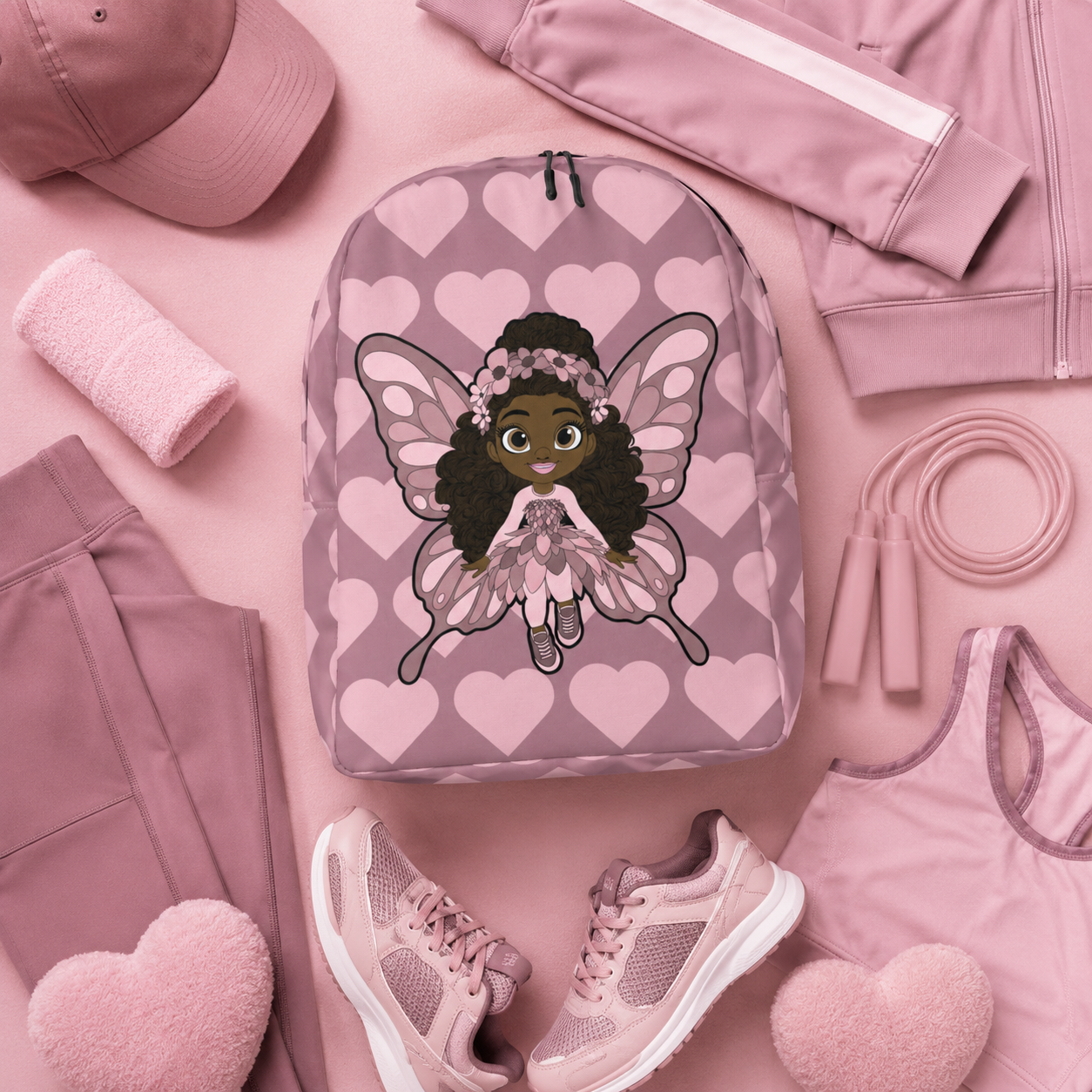 Coco Pixies Penelope Pixie Backpack featuring textured curls, pink wings and blush hearts on dusty rose
