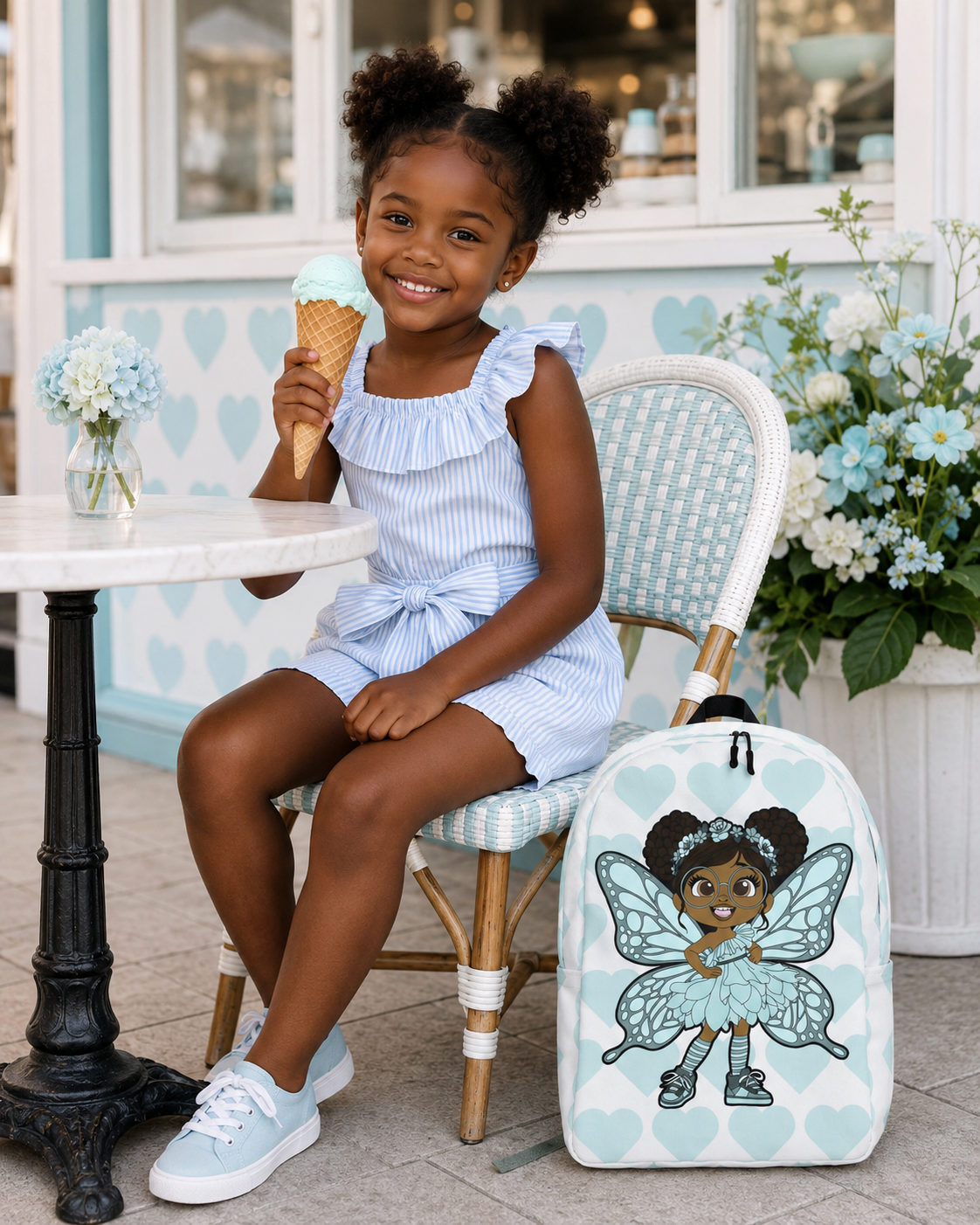 Coco Pixies JoJo Jollypuff backpack featuring afro puffs, glasses, aqua wings, and heart-patterned design