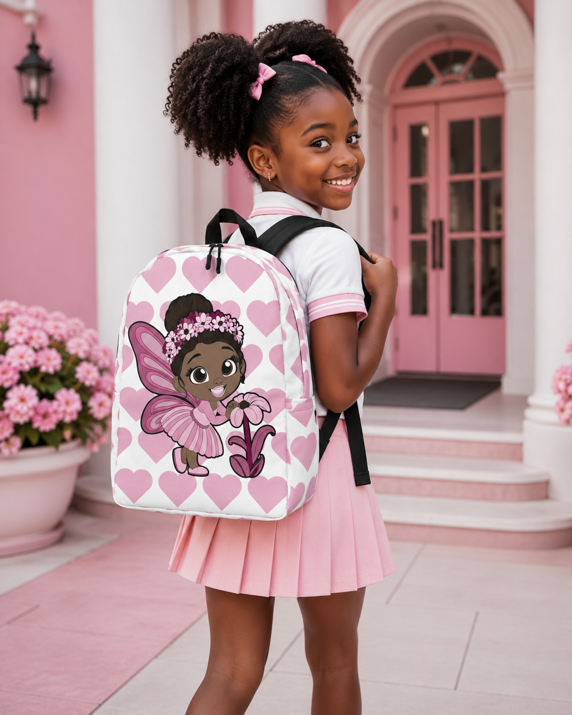 Coco Pixies Tara Twinkle backpack featuring a Black pixie, pink wings, flower crown and heart pattern