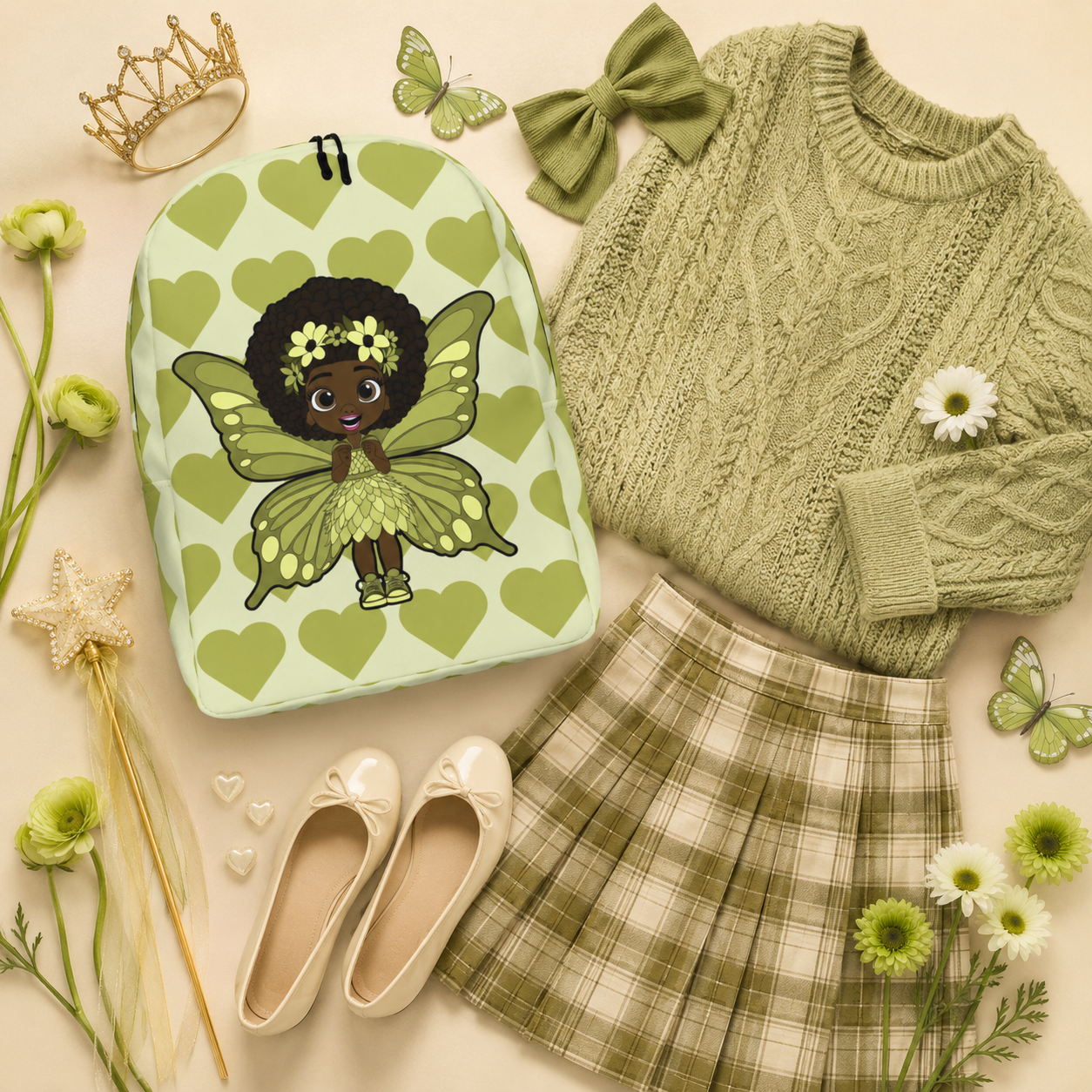 Cheerful Charlotte Pixie Backpack by Coco Pixies featuring a Black girl pixie with natural curls, soft green wings and a soft green signature heart pattern.