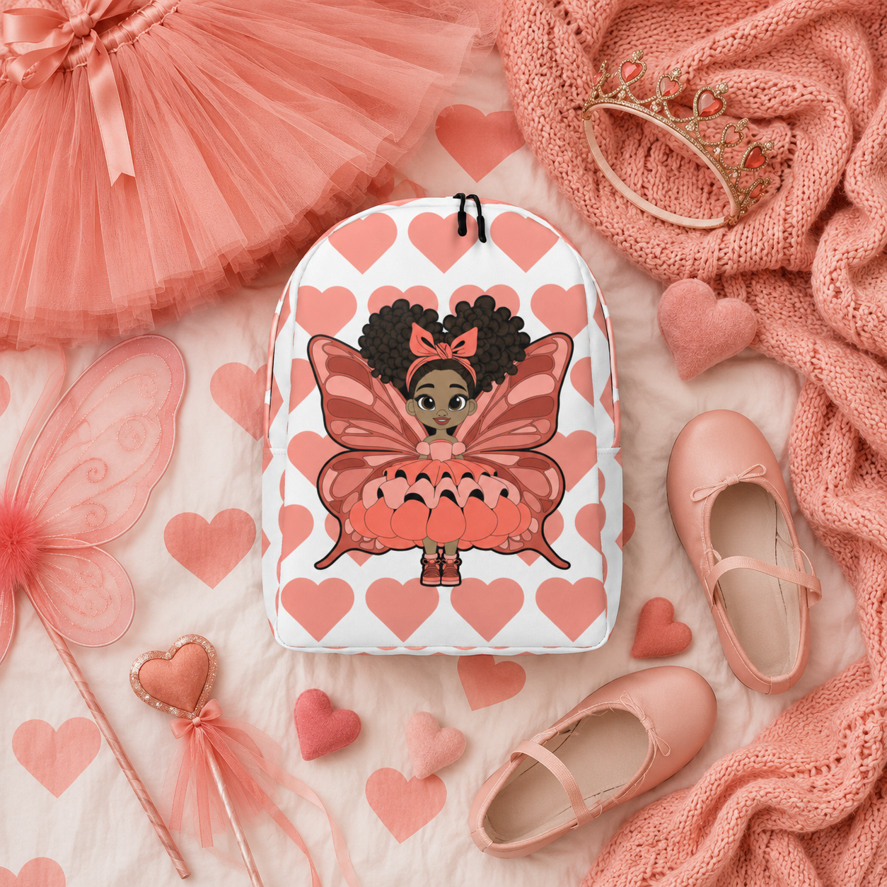 Coco Pixies Lovely Layla children’s backpack featuring a Black girl pixie and coral Signature Heart Pattern