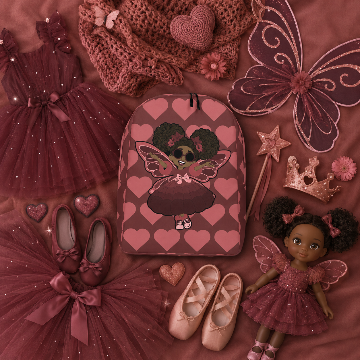 Coco Pixies Radiant Ruby backpack with curly afro puffs, sunglasses and burgundy signature heart print