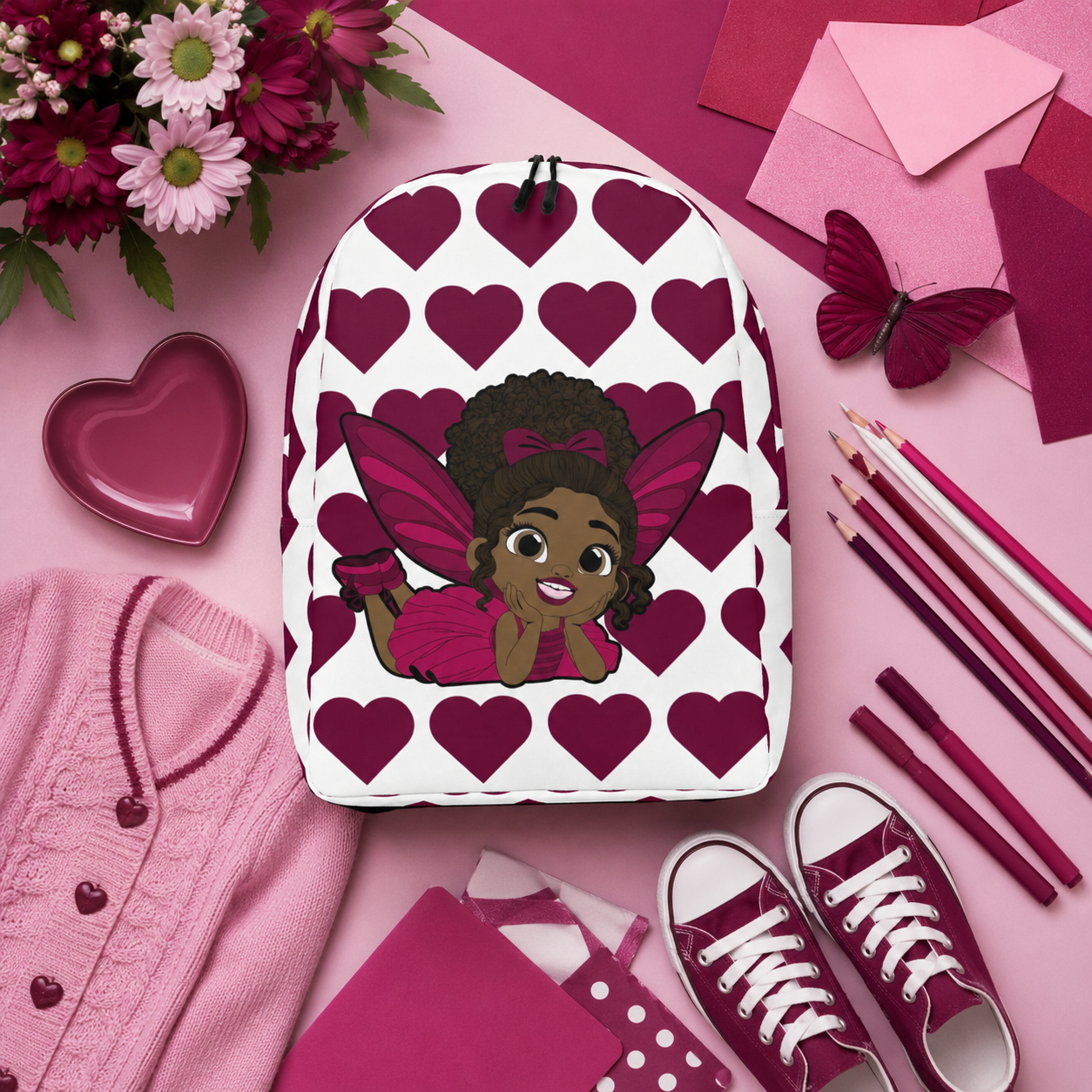 Coco Pixies Happy Harper backpack featuring a Black girl pixie with curly hair, pink wings, and burgundy hearts