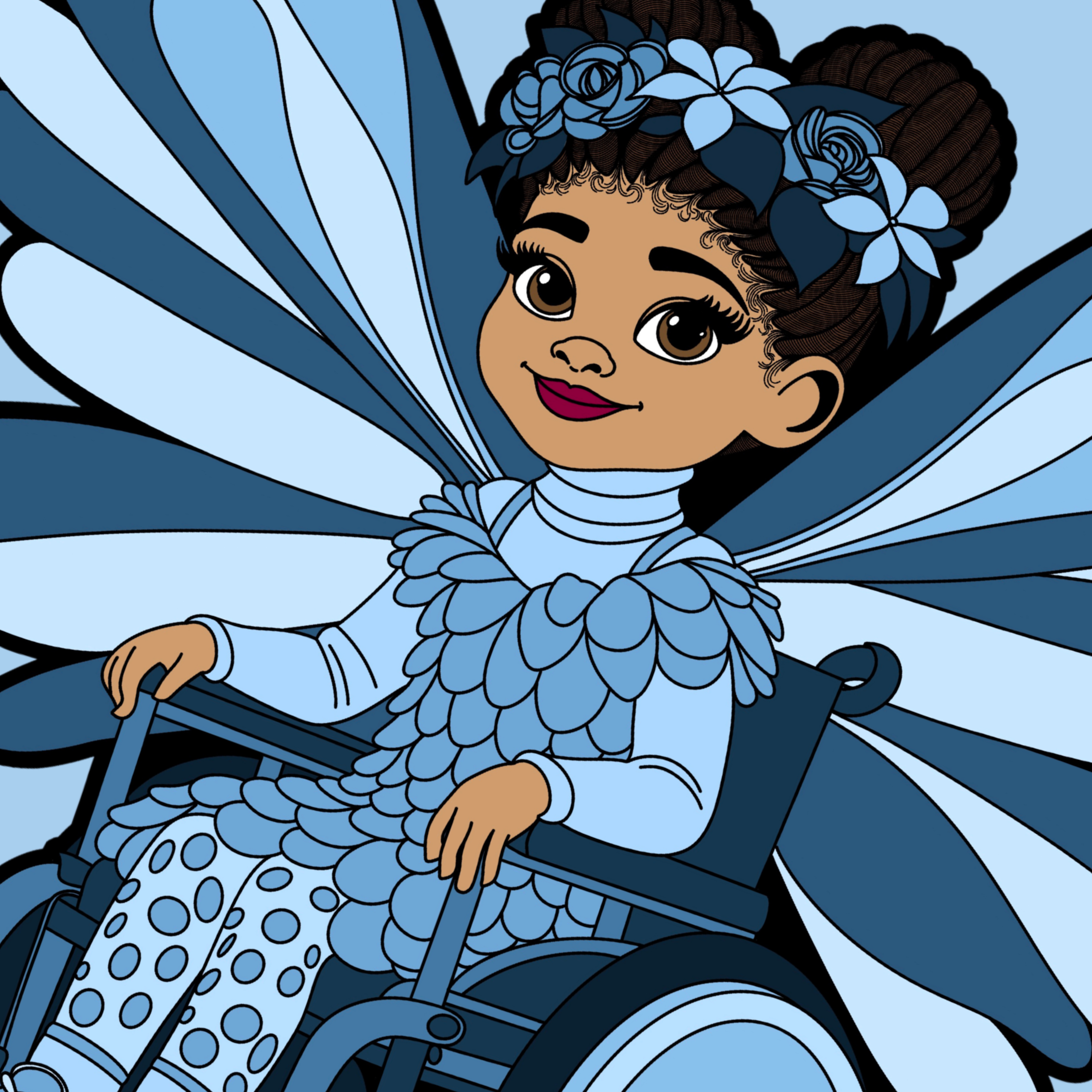 Emily Extraordinary, a original hand-drawn Black girl pixie with warm brown skin, two natural hair buns, a blue floral crown, layered blue wings, and a pale blue outfit, seated in a navy wheelchair.