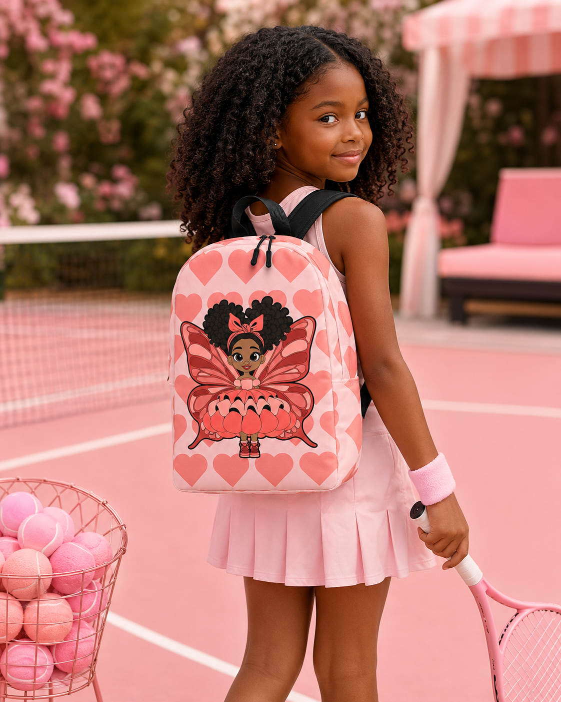 Coco Pixies Lovely Layla children’s backpack featuring a Black girl pixie and Coral Signature Heart Pattern