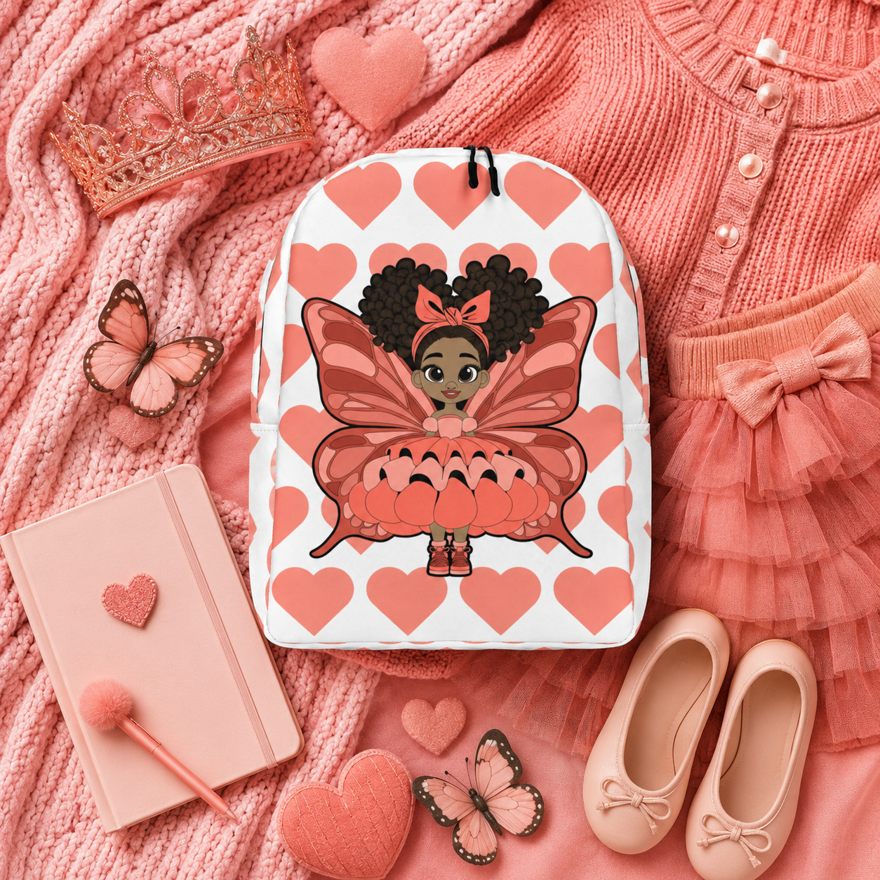 Coco Pixies Lovely Layla children’s backpack featuring a Black girl pixie and coral Signature Heart Pattern