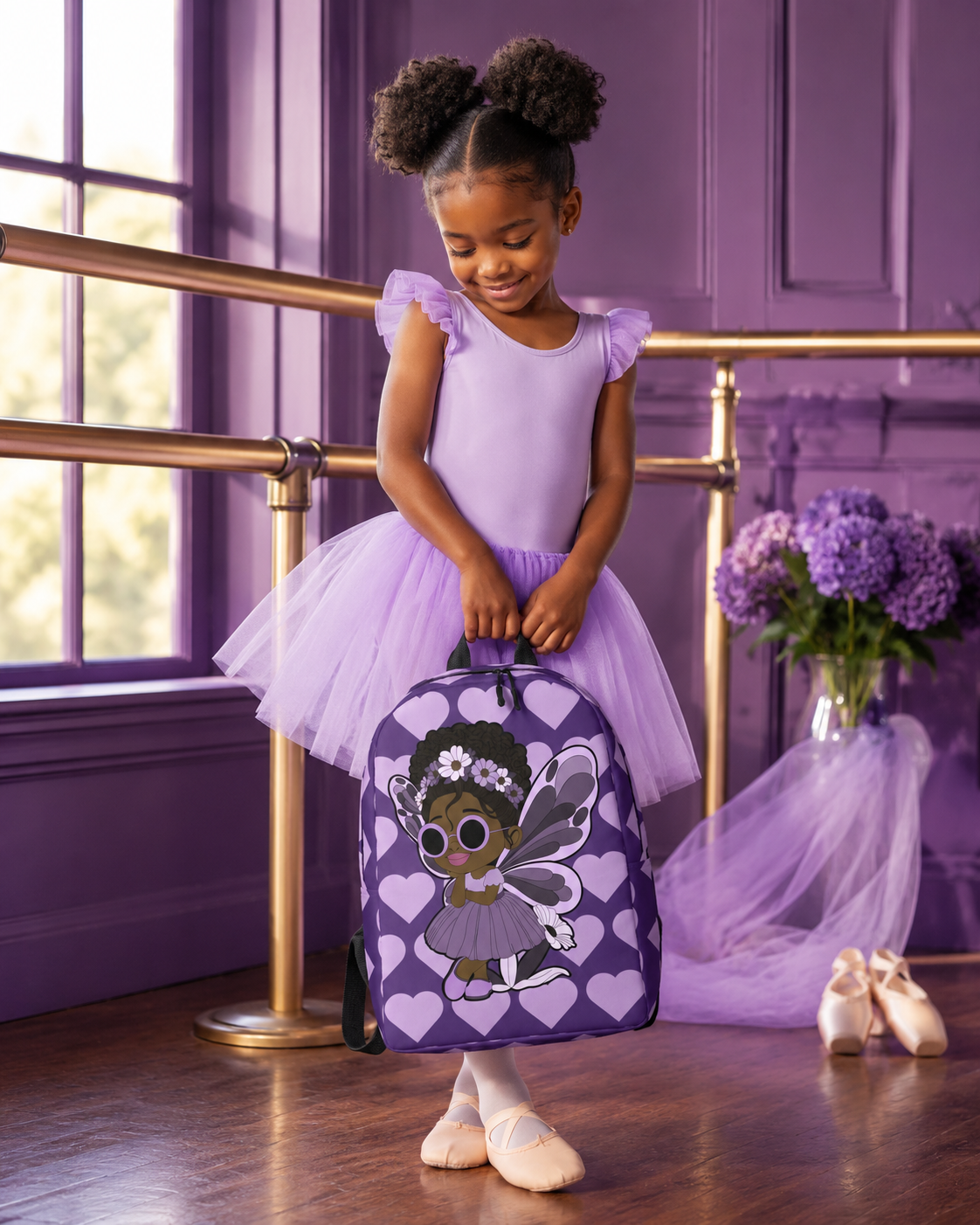 Coco Pixies Marvelous Mia purple backpack featuring a Black pixie with an afro puff, floral crown and lavender wings