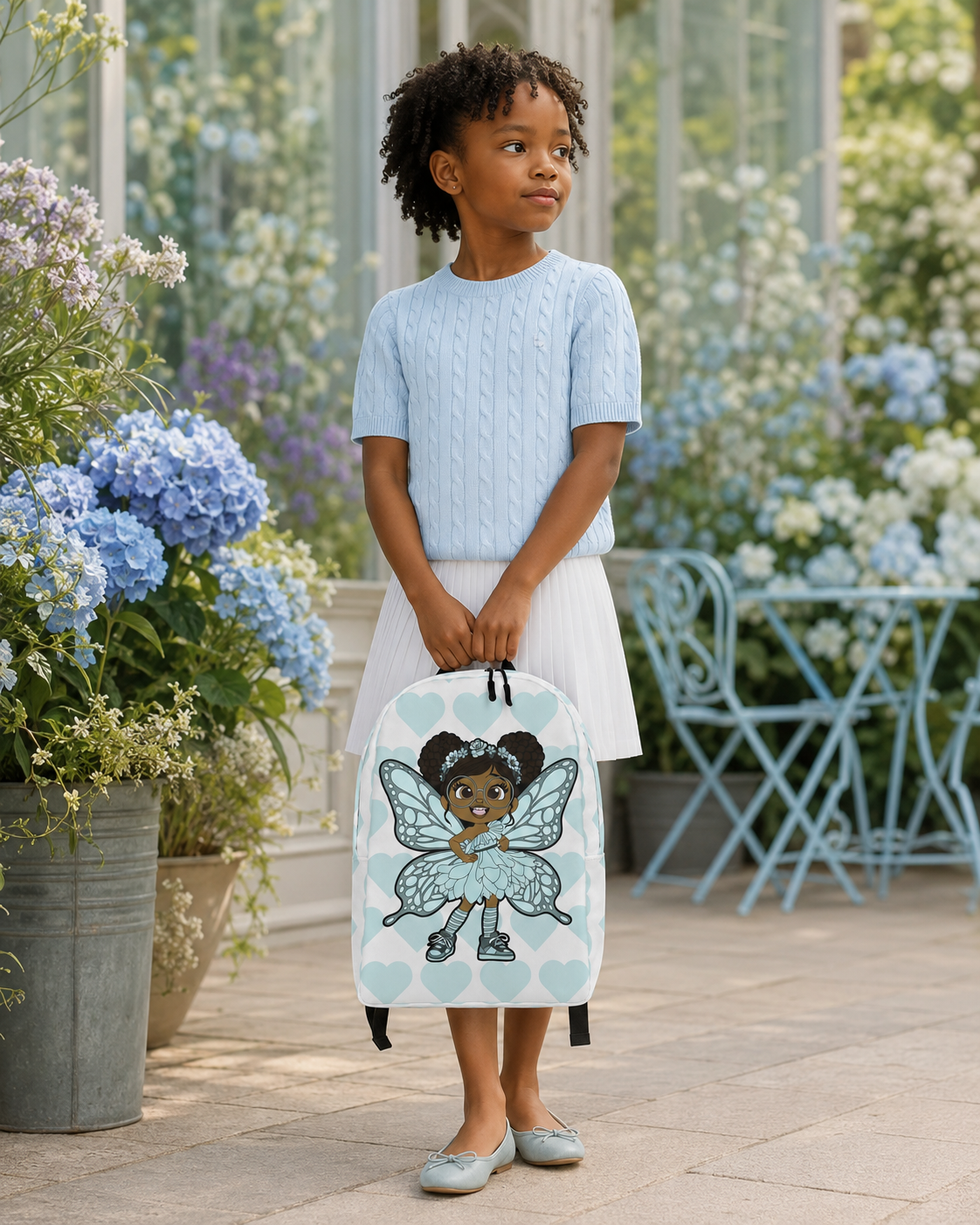 Coco Pixies JoJo Jollypuff backpack featuring afro puffs, glasses, aqua wings, and heart-patterned design