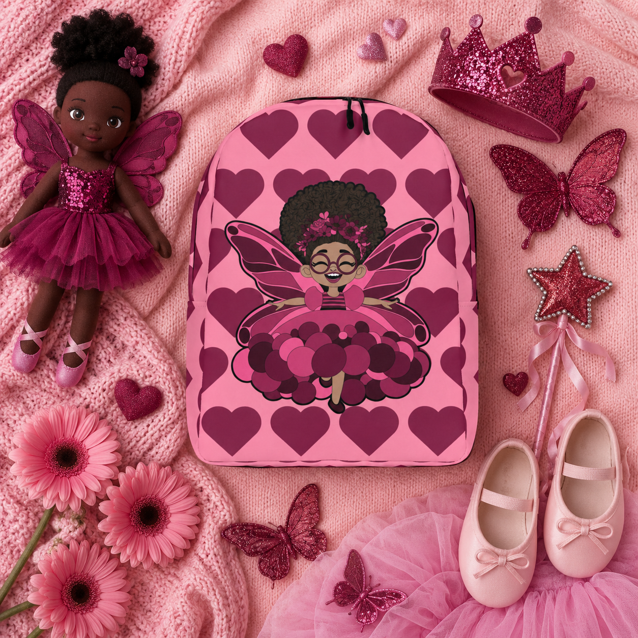 Coco Pixies Delightful Daisy backpack featuring a Black girl pixie and Berry Pink Signature Heart Pattern