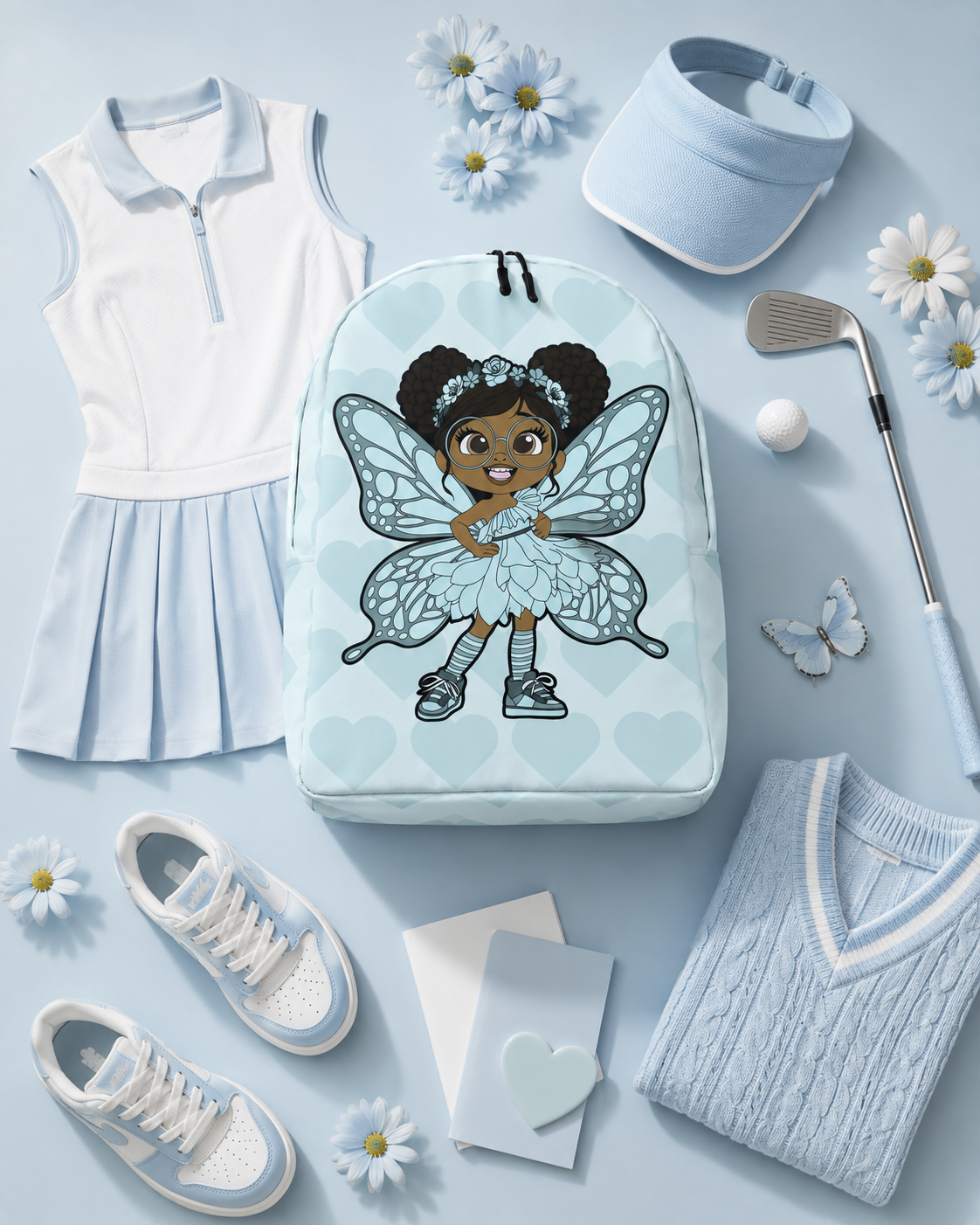Coco Pixies JoJo Jollypuff backpack featuring afro puffs, round glasses, baby cyan wings, and heart pattern
