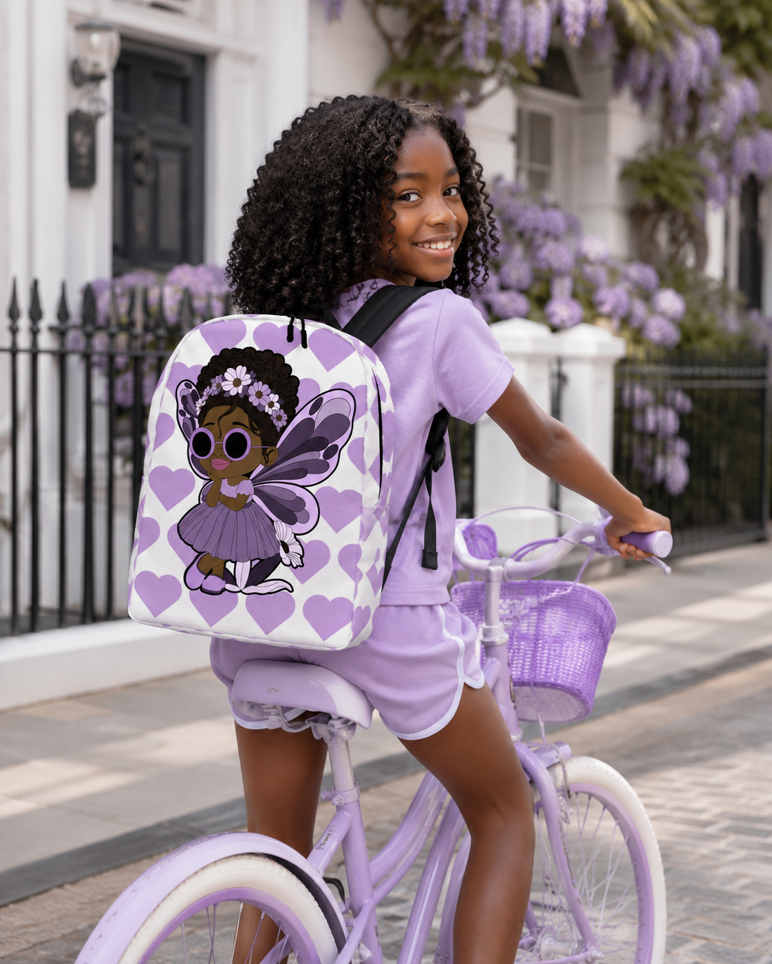 Coco Pixies Marvelous Mia girls backpack featuring a Black pixie with an afro puff, floral crown and purple butterfly wings